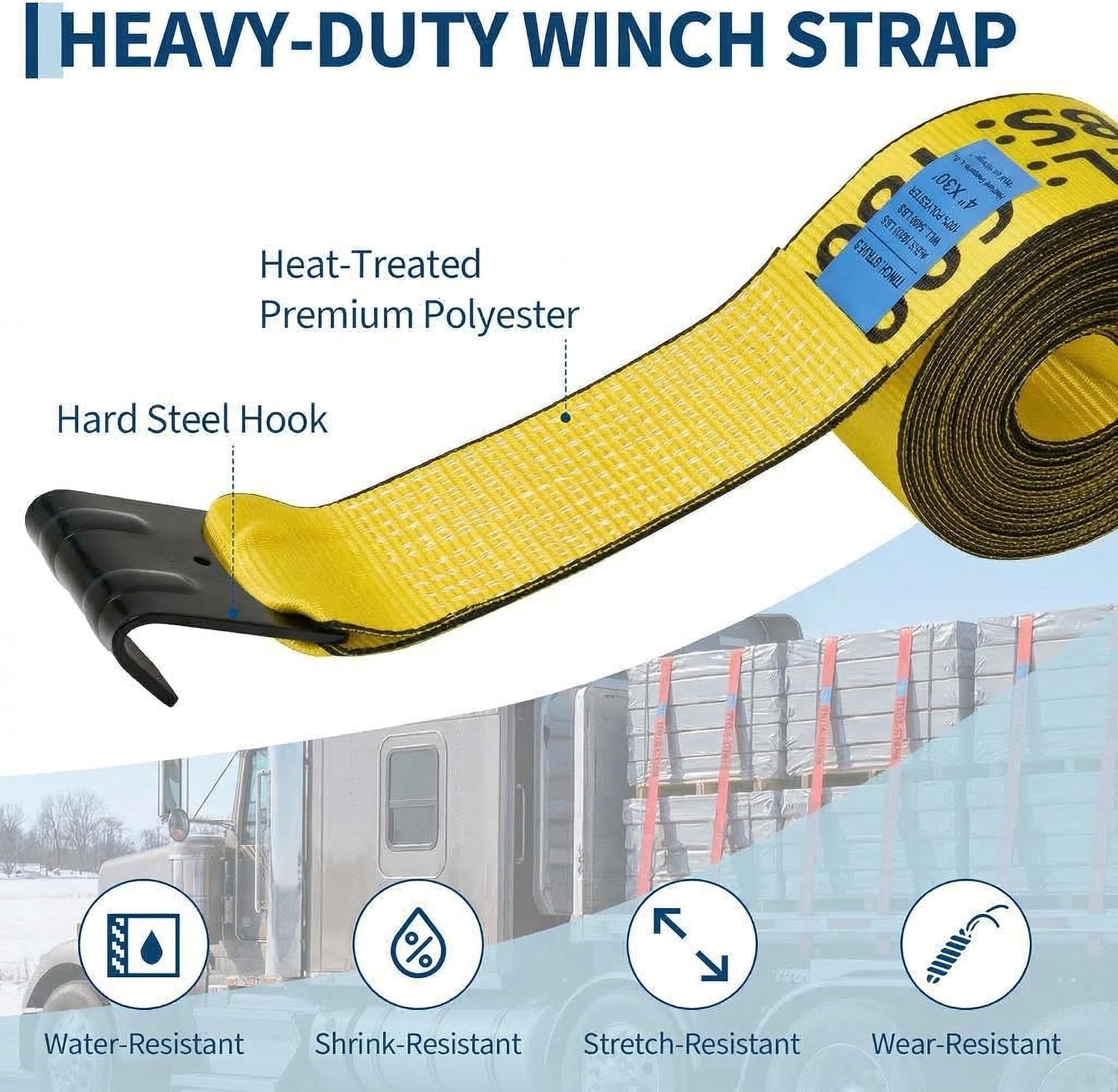 4 Pack Heavy Duty 4 in x 30 ft Winch Straps with Flat Hooks, 6,000 Lbs WLL / 18,000 Lbs Break Strength, Flatbed Straps Truck Tie Downs for Flatbed Trailers, Cargo Straps, Tree Saver, Yellow