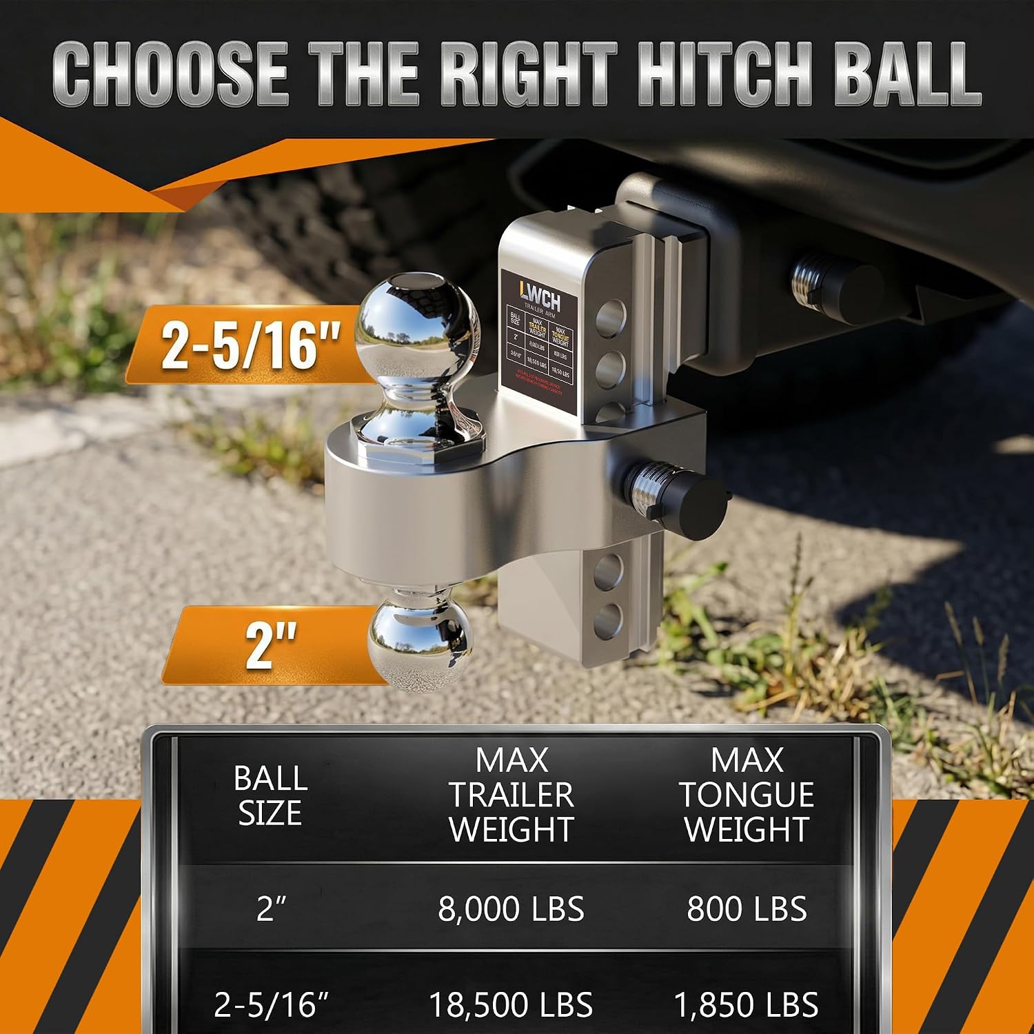 Adjustable Trailer Hitch, Fit 2.5 Inch Receiver, 18,500 LBS GTW, Heavy Duty Aluminum Drop Hitch with 2" & 2-5/16" Chrome Plated Steel Ball Mounts for Trucks, 6 Inch Drop/Rise, 2 Anti-Theft Pins