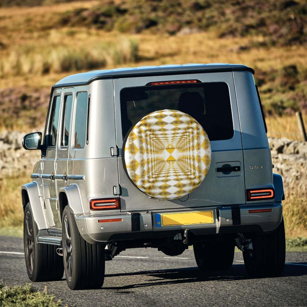 3D Optical Illusion Yellow Grid Print Universal Spare Tire Cover for Jeep | Wheel Protector Fits Rv, Trailer, Jeep, Shield Tires From Sun, Dirt And Rain For Outdoor Storage