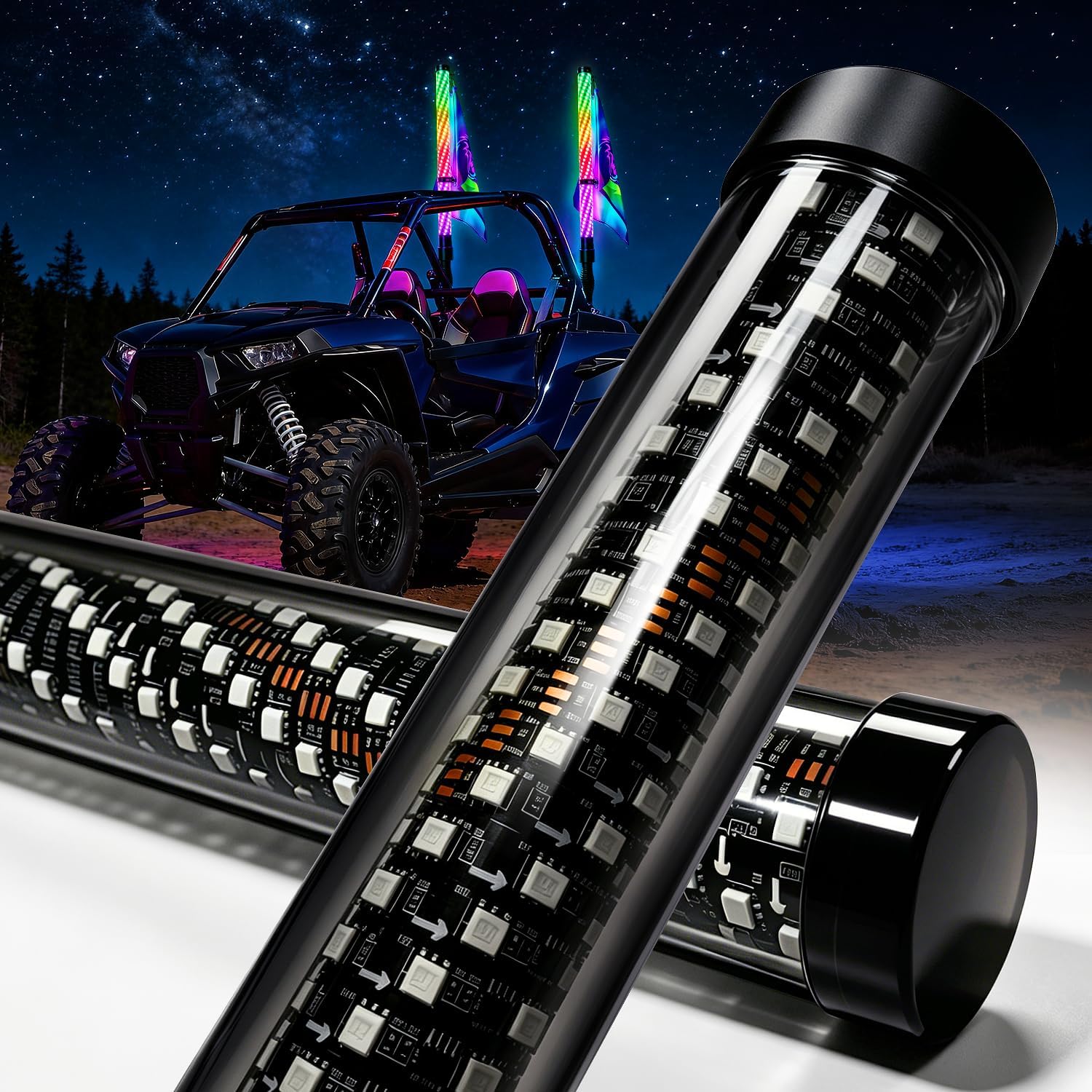 AUDEXEN New Tpye of Smoked Lens RGB Whip Lights, 2FT Spiral Led Lighted Whips, Plug & Play Spring, App & Remote Control, for SXS UTV ATV Off-Road RZR for Polaris Can-Am Truck 4X4 Sand Buggy Dune