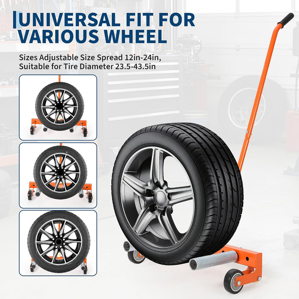 Heavy Duty Adjustable Tire Wheel Dolly – 330lbs Capacity – 23.5"-43.5" Width – Smooth 8in Rollers for 360° Lifting, Moving, Changing – Global for Truck, SUV, Car – Orange
