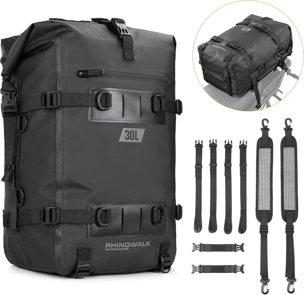 Rhinowalk Motorcycle Tail Bag, Travel Luggage Bags, Waterproof Rear Carrier, Motorcycle Rear Seat Bag Backpack, Rear Rack Trunk - Black 30L