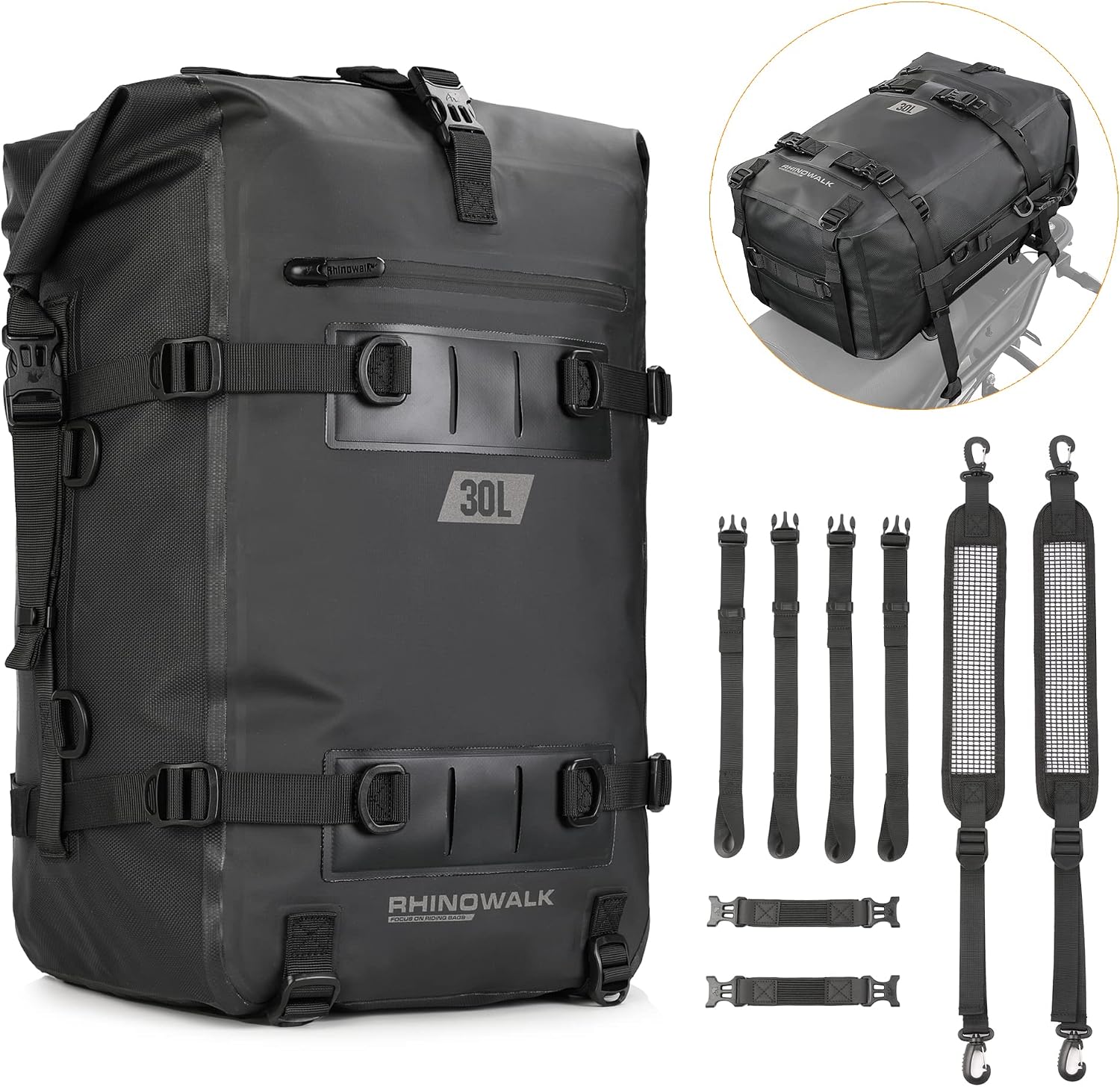 Rhinowalk Motorcycle Tail Bag, Travel Luggage Bags, Waterproof Rear Carrier, Motorcycle Rear Seat Bag Backpack, Rear Rack Trunk - Black 30L