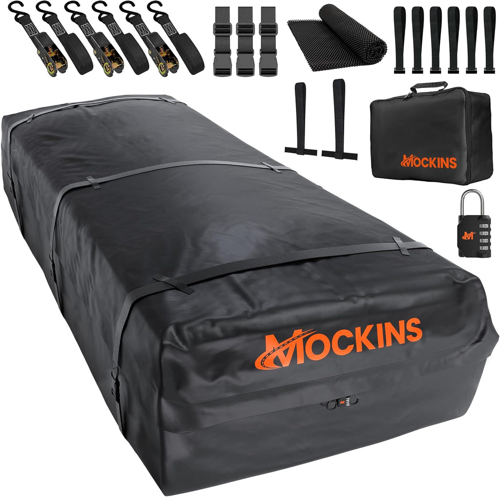 Mockins XXL 50 CuFt Heavy Duty Car Rooftop Cargo Carrier Bag 85"x50"x20" | Massive Car Luggage Roof Carrier Bag | All-Weather 840D Vinyl Vehicle Soft-Shell Carriers with Mat, Lock, Straps & Hooks