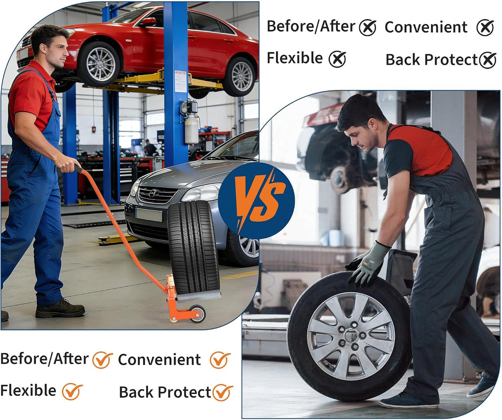 Heavy Duty Adjustable Tire Wheel Dolly – 330lbs Capacity – 23.5"-43.5" Width – Smooth 8in Rollers for 360° Lifting, Moving, Changing – Global for Truck, SUV, Car – Orange