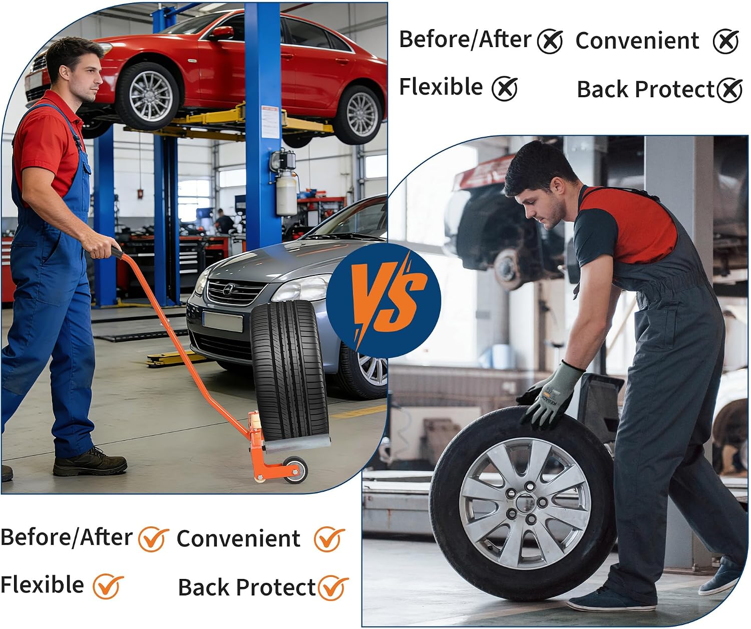 Heavy Duty Adjustable Tire Wheel Dolly – 330lbs Capacity – 23.5"-43.5" Width – Smooth 8in Rollers for 360° Lifting, Moving, Changing – Global for Truck, SUV, Car – Orange