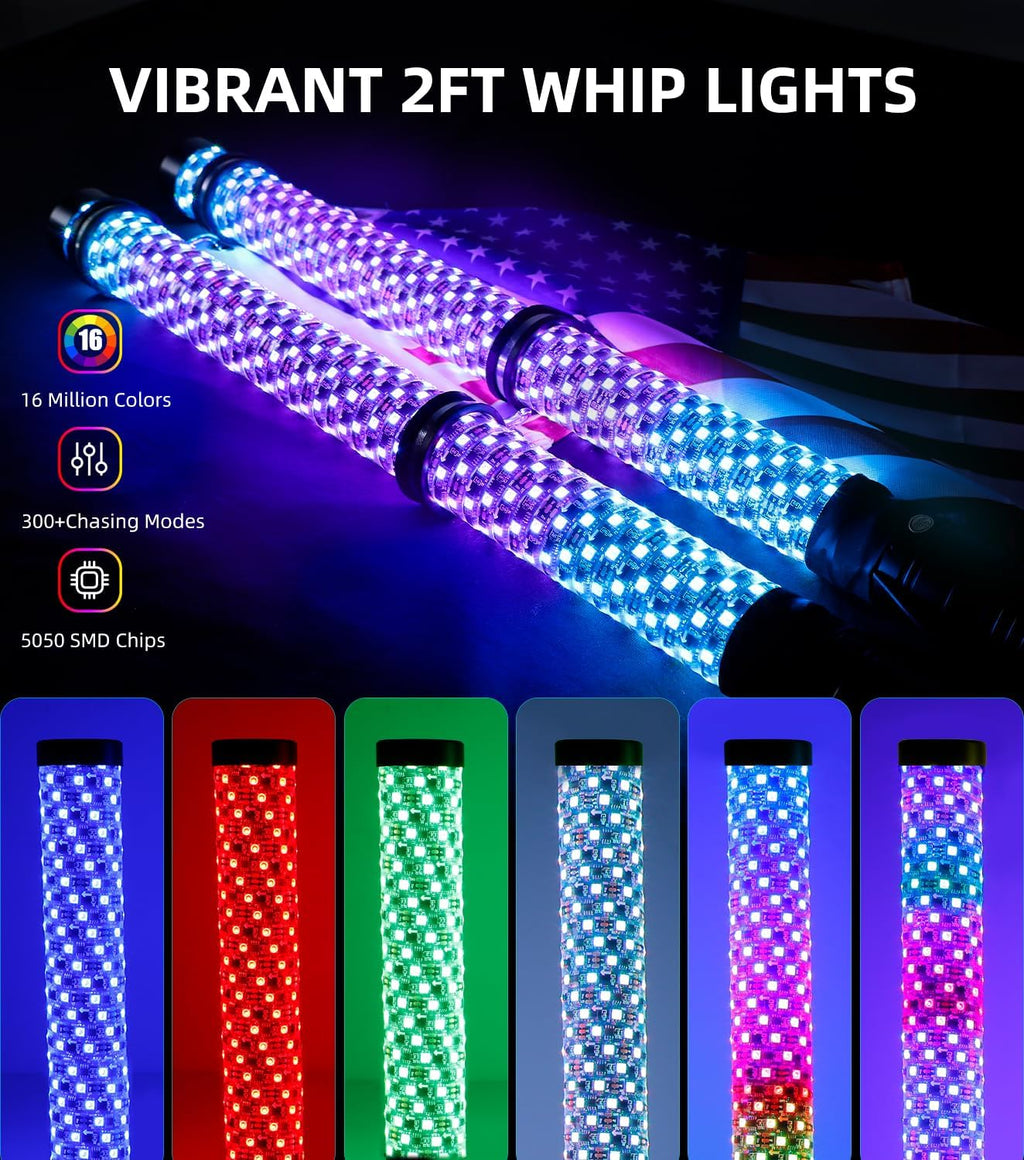 ZIMABLUE 2PC 2FT Fat Whip Lights for Side by Side, App & Remote Control RGB Chasing Light Whip with 3 Switchs for ATV UTV Dune Buggy Truck,LED Whip Light Compatible with Polaris RZR Can-Am Maverick X3