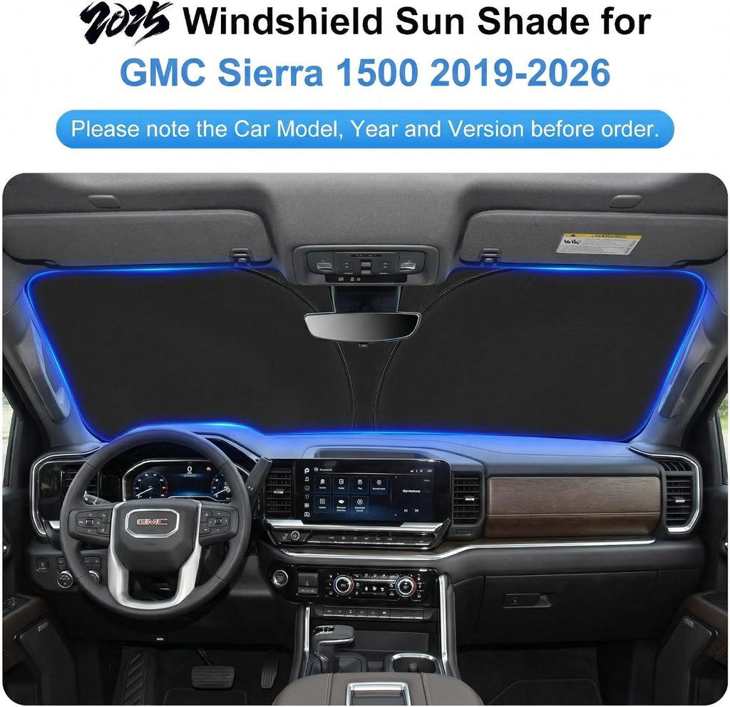 Sun Shade for 2019-2024 2025 2026 GMC Sierra 1500 2500 3500 SLT, AT4, Denali Pickup Accessories Windshield Sunshade Cover Front Window Shade Fit Sierra 1500 Sun Visor Protector Foldable Blocks UV Rays