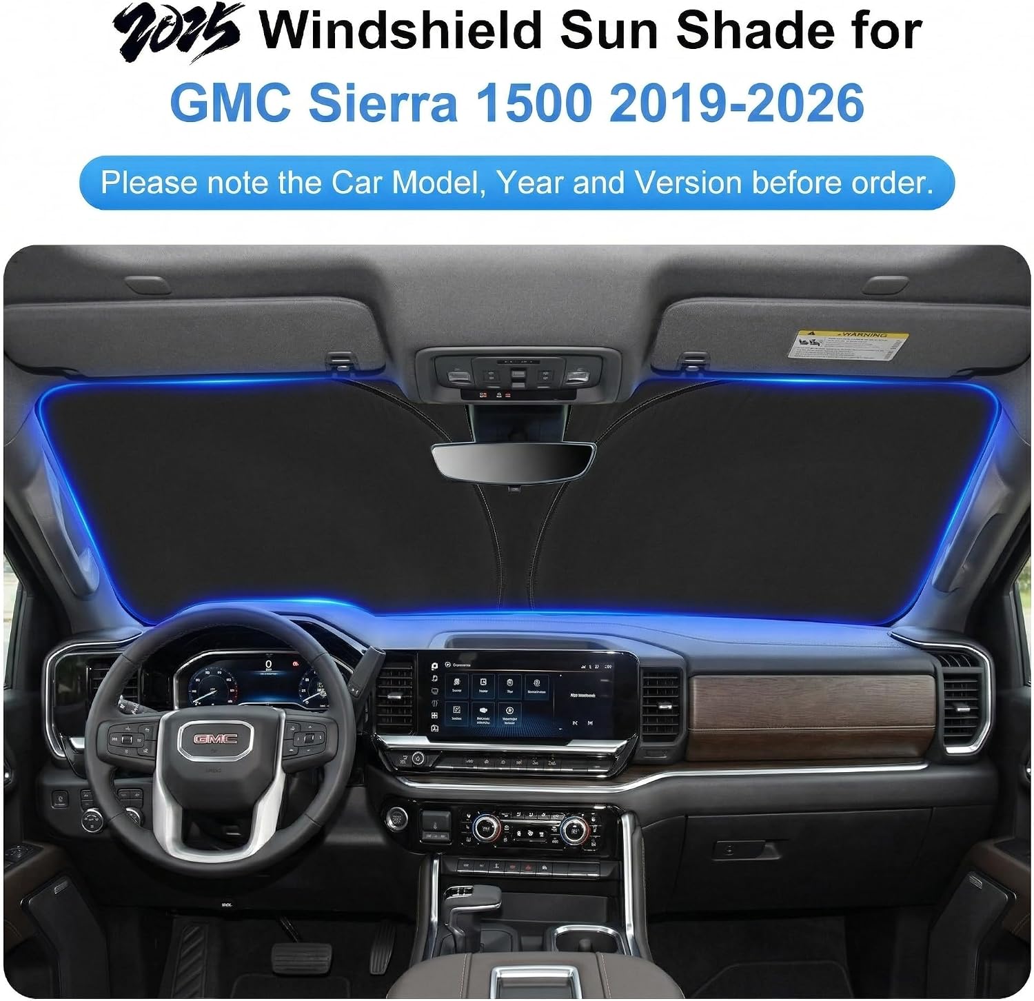 Sun Shade for 2019-2024 2025 2026 GMC Sierra 1500 2500 3500 SLT, AT4, Denali Pickup Accessories Windshield Sunshade Cover Front Window Shade Fit Sierra 1500 Sun Visor Protector Foldable Blocks UV Rays