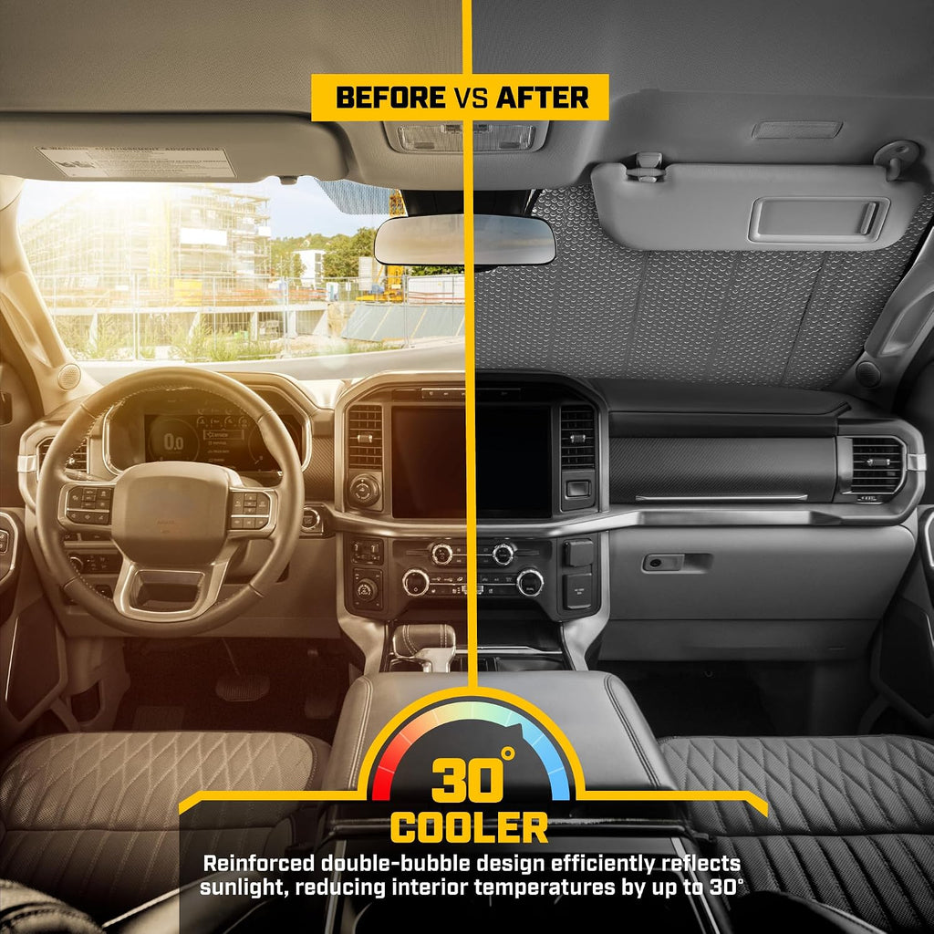 CAT Auto Shade for Trucks – Jumbo 65"x27" Accordion Folding Sunshade with Bold Yellow Tire Tracks Design – Heavy-Duty Windshield Cover for Maximum UV Protection & Interior Cooling