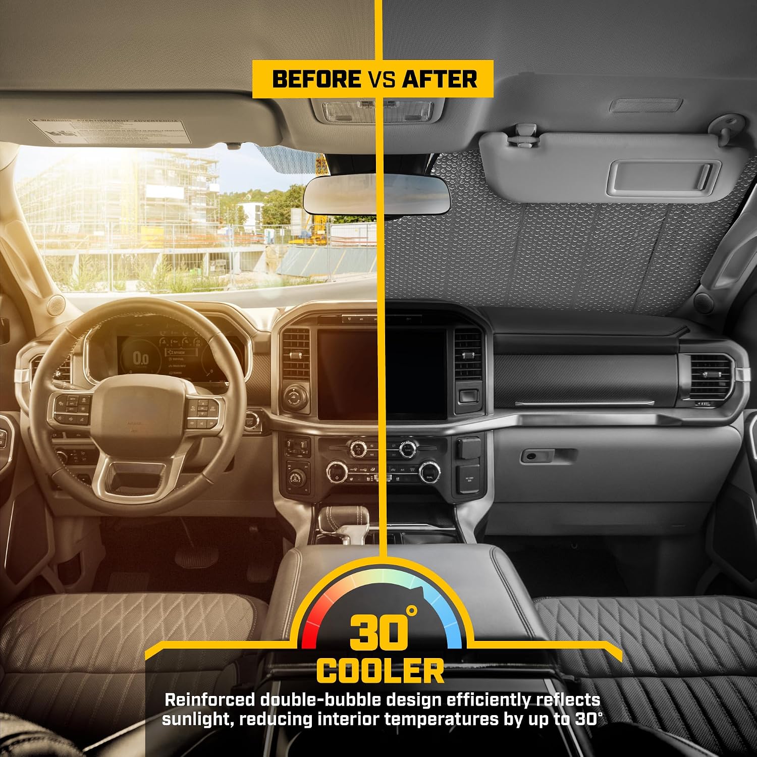 CAT Auto Shade for Trucks – Jumbo 65"x27" Accordion Folding Sunshade with Bold Yellow Tire Tracks Design – Heavy-Duty Windshield Cover for Maximum UV Protection & Interior Cooling