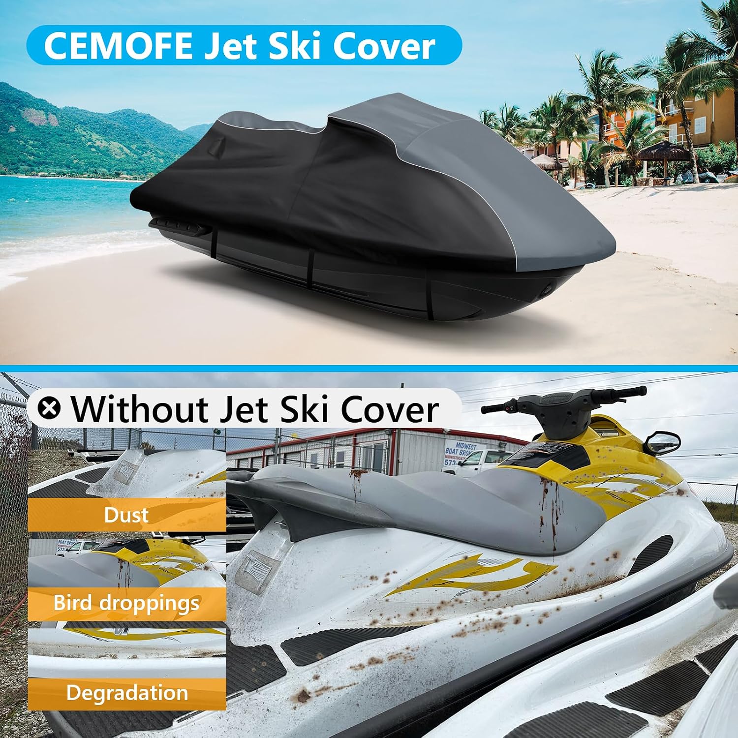 Waterproof Jet Ski Cover for Yamaha VX Cruiser/VX Cruiser HO 2021-2024, 600D Trailerable Jet Ski Cover with 2 Air Vents, Heavy Duty Oxford All Weather Waverunner Cover