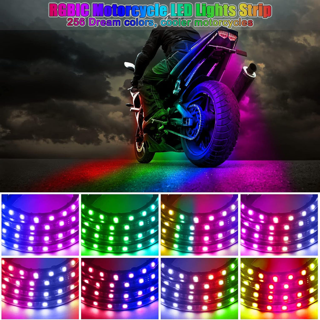 10Pcs Motorcycle LED Underglow Kit, RGB LED Strips Lights with APP Control, Compatible with Harley Davidson, Honda, Kawasaki, Suzuki