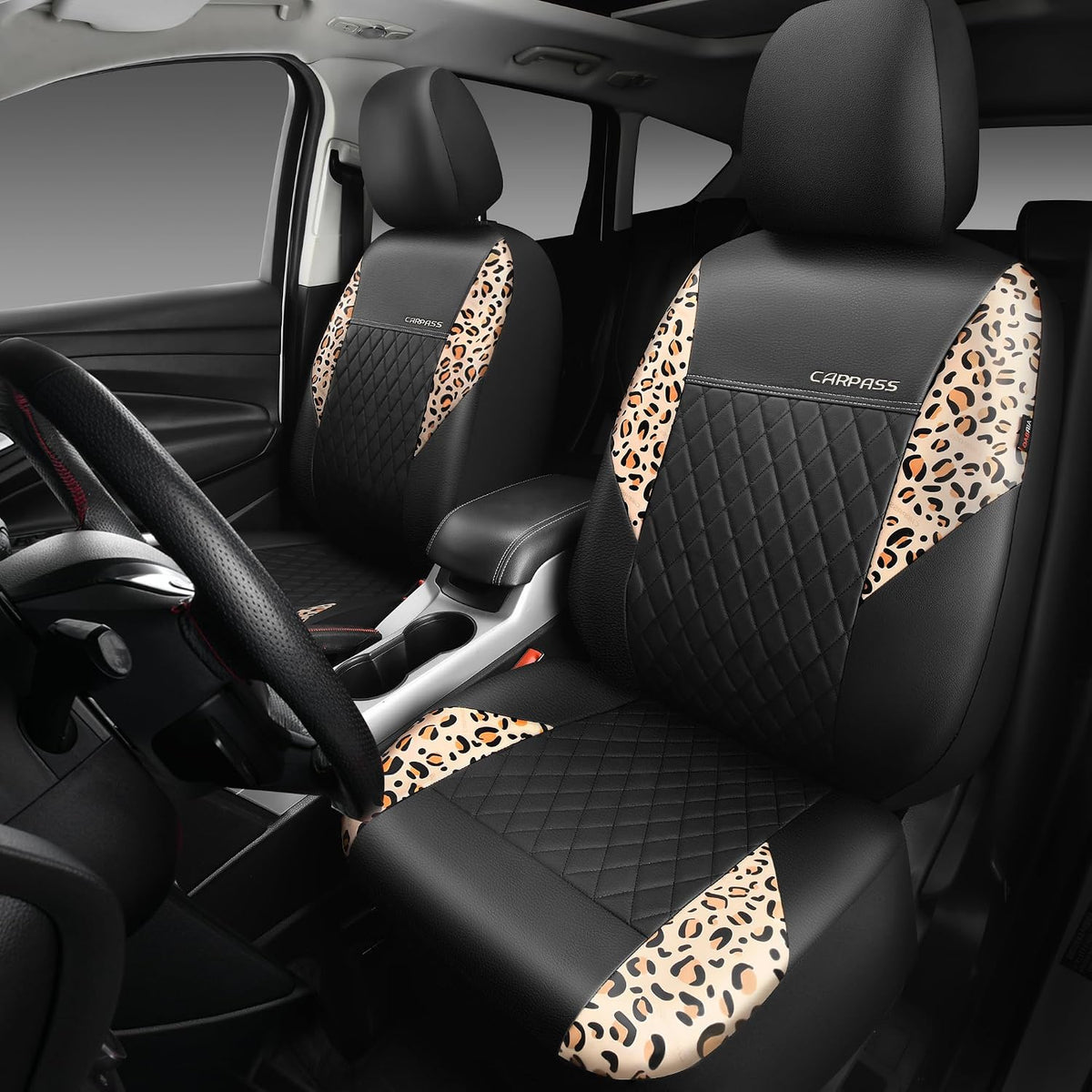 car pass leather leopard two front seat cover shown in use