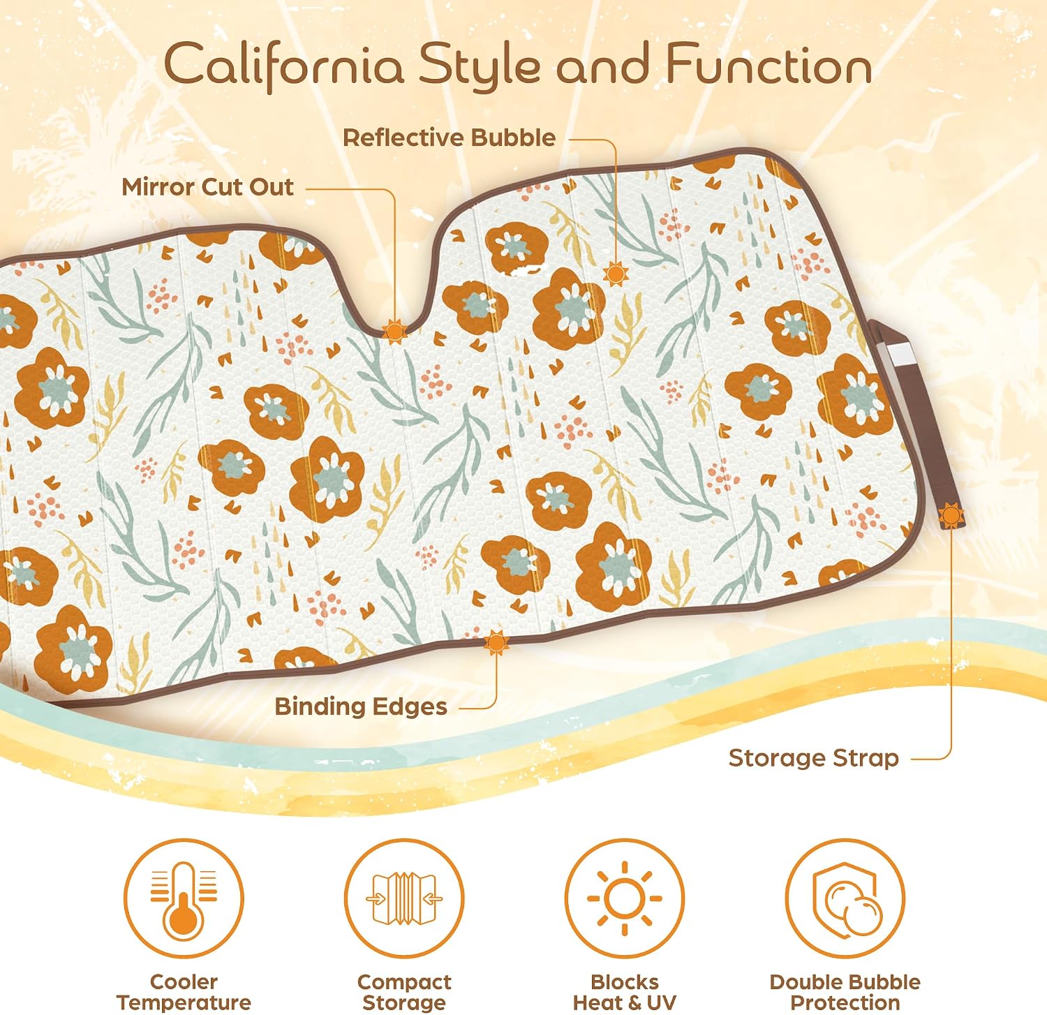 Carbella Orange Floral Car Windshield Sun Shade - Sun Visor Sunshade for Car Windshield - Window Shades for Cars, SUV & Truck - Dash Cover UV Protection for Front Window Shade Accessories - 57" x 27"