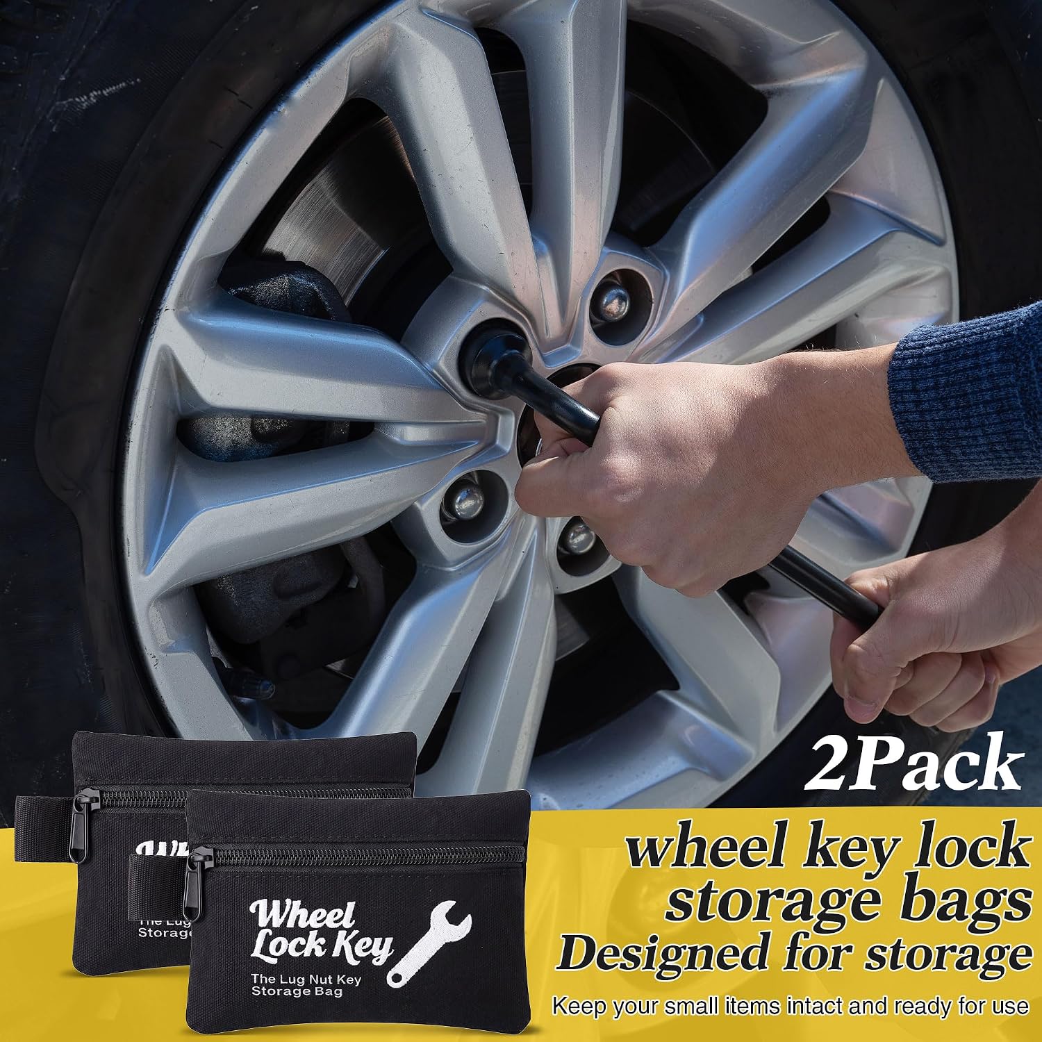 Saillong 2Pack Wheel Lock Key Storage Pouch, Canvas Wheel Lock Key Storage Bag with Zipper, Easily and Safely Stores Locks, Locking Nuts, Nut Keys Spare Lug Nuts, and More(Black)