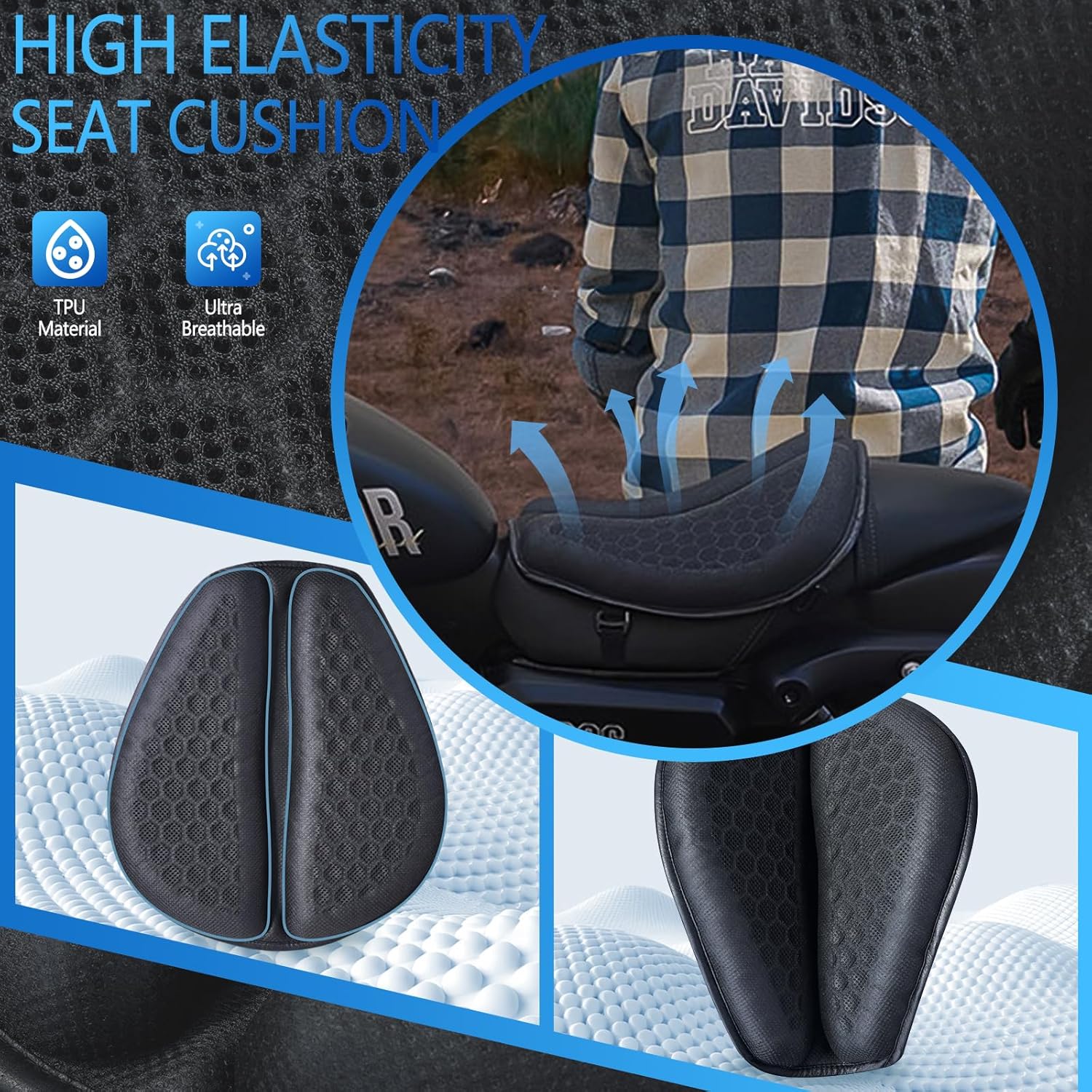 Motorcycle Seat Cushion Gel Pad Universal with 3D-Honeycomb Structure, Soft Gel Seat Pad for Motorcycle, Foldable & Anti-slip Protection, Breathable and Shock Absorption Comfortable for Long Rides
