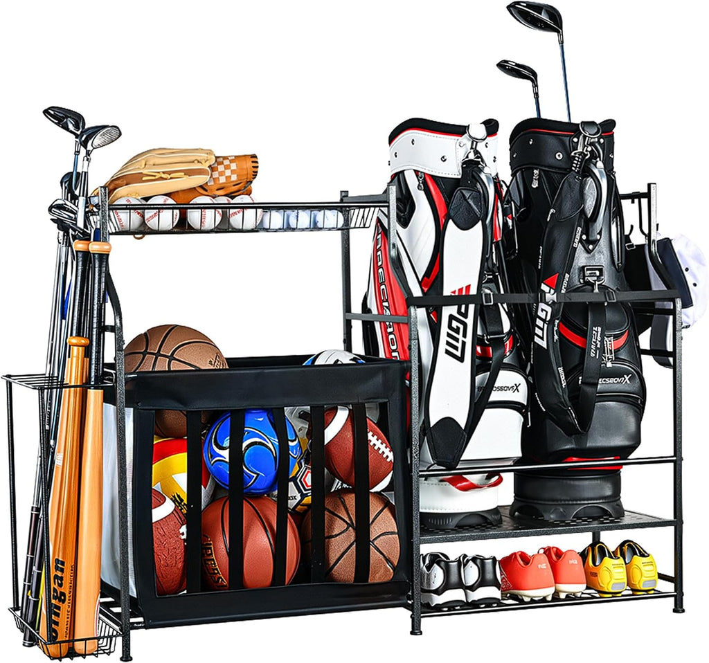 PLKOW Sports Equipment Organizer Rack, Garage Ball Rack, 2 Golf Bag Storage and