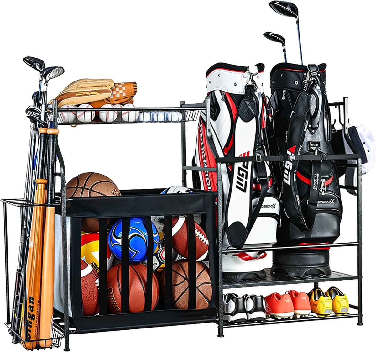 PLKOW Sports Equipment Organizer Rack, Garage Ball Rack, 2 Golf Bag Storage and
