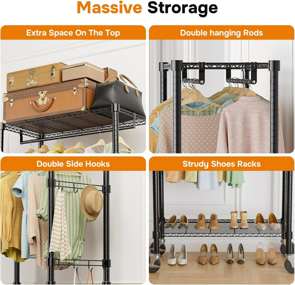 simple deluxe rolling clothes rack, heavy duty clothing, close-up detail
