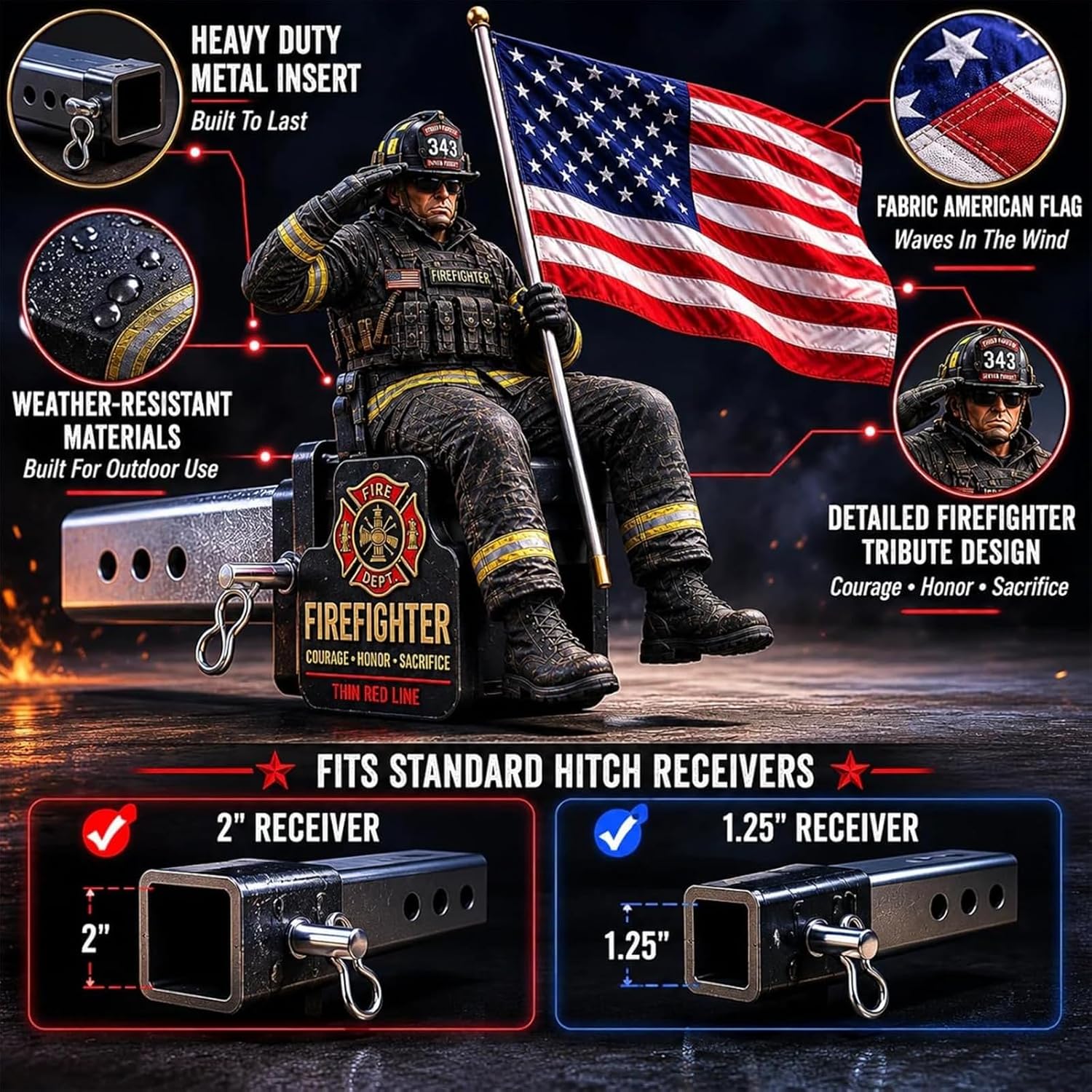 Firefighter Thin Red Line Tribute Trailer Hitch Cover,New Hitch Cover with Saluting Firefighter & American Flag, Fits 1.25" & 2" Hitch Receivers for Pickup,SUVs,Trucks,Jeeps (2 Inch Tube)