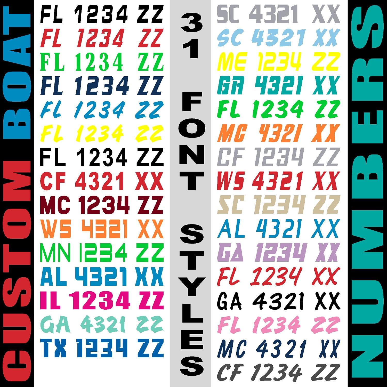 Custom Boat Registration Numbers & Letters / 2 Sets/Vinyl Marine Hull ID Stickers 1CL (Solid Colors)