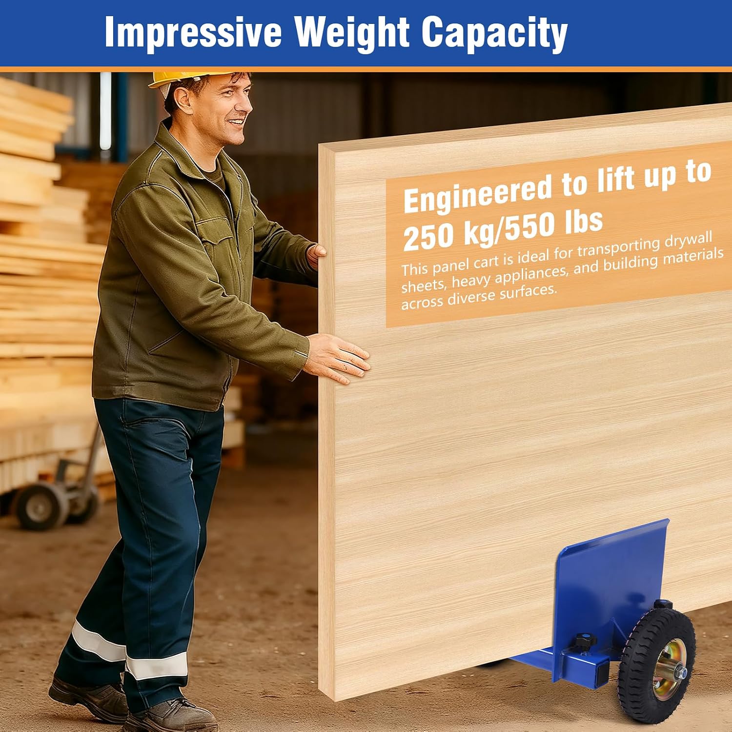 All Terrain Panel Dolly 550 lbs Capacity with Pneumatic Wheels for Drywall | Heavy-duty steel construction with pneumatic wheels, perfect for drywall, doors, and plywood transport indoors and outdoors.