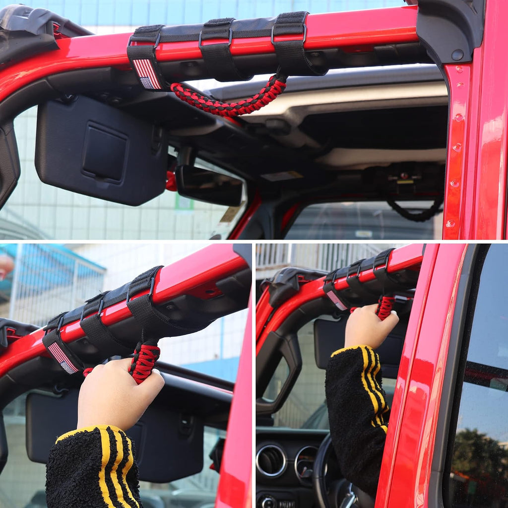 sukemichi Handles Grab Roll Bar Grab Handles Grip Handle for Jeep Wrangler Accessories TJ JK JL Gladiator JT UTV ATV - Upgrade Metal Buckle, Red, 2 Pack (Not for Sky One Touch Roof, Not for 2024+ Up)