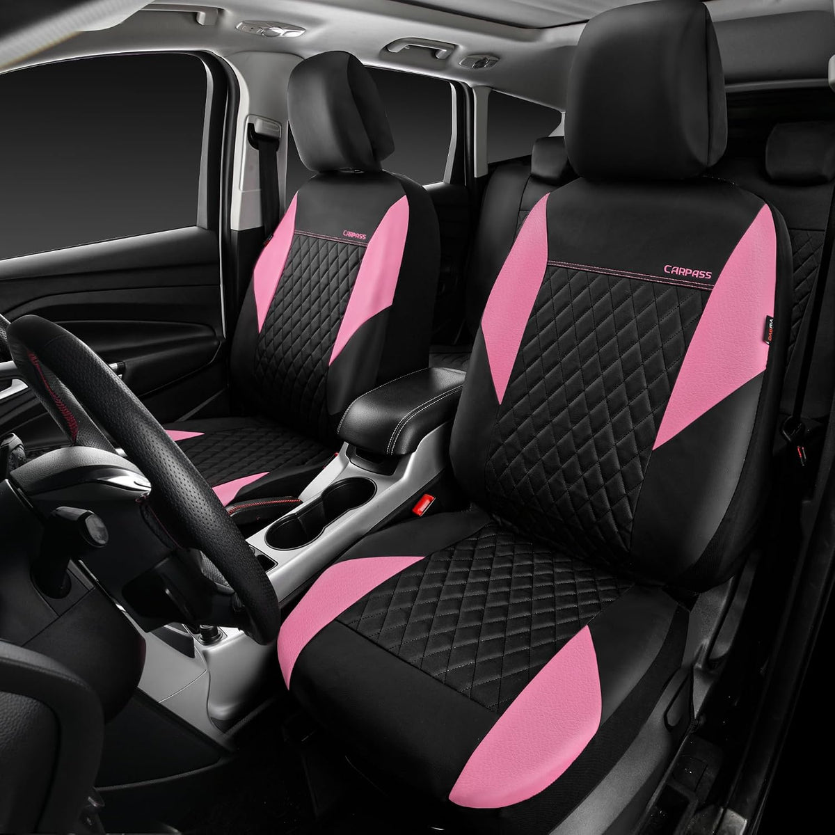 car pass pink leather seat covers,girly quilting pretty shown in use