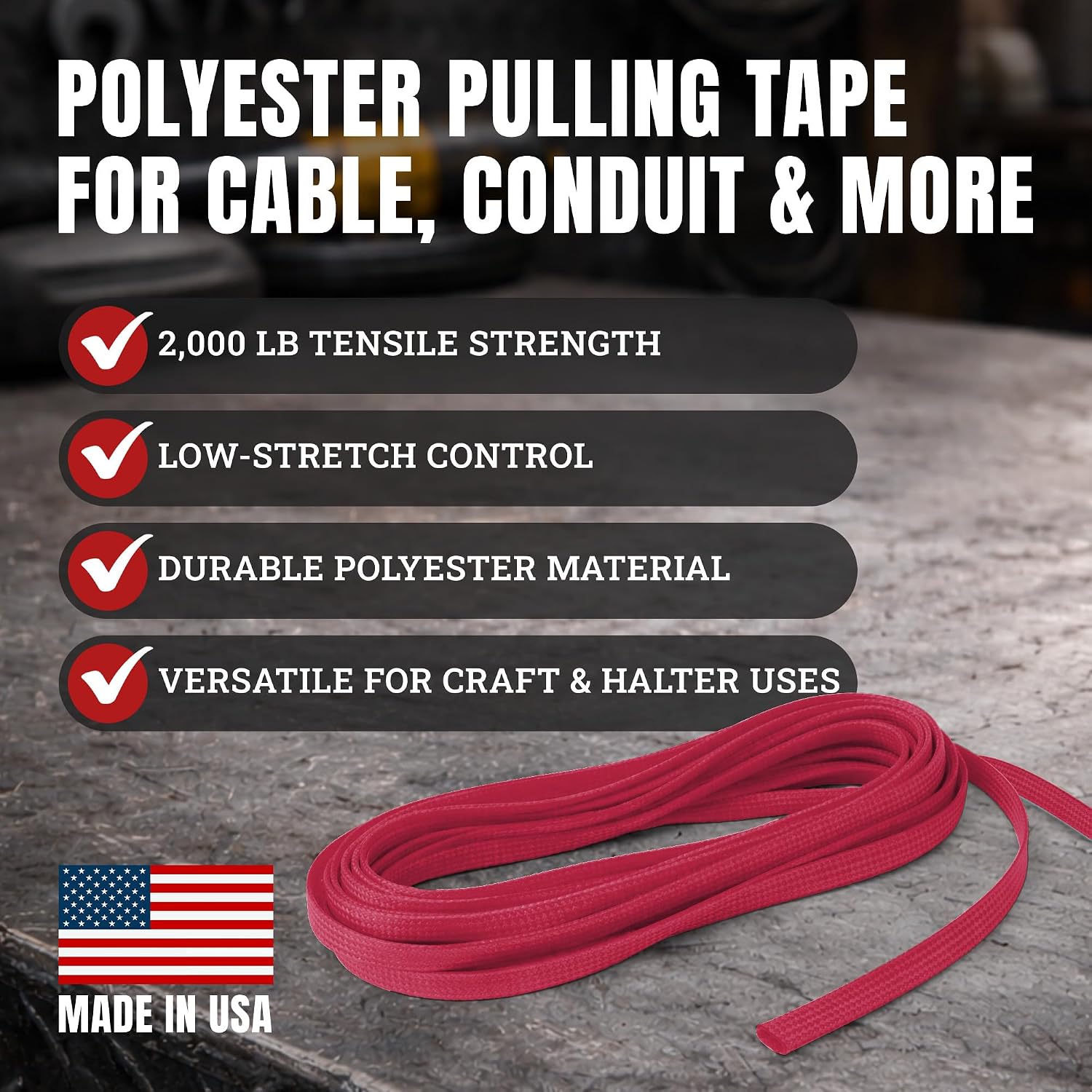 Cajun Tie Downs Pull Line — 3/4 Inch, 2,000 lb, Flat Polyester Pulling Tape, Conduit Wire Pulling, Made in USA, Heather Violet, 100 ft