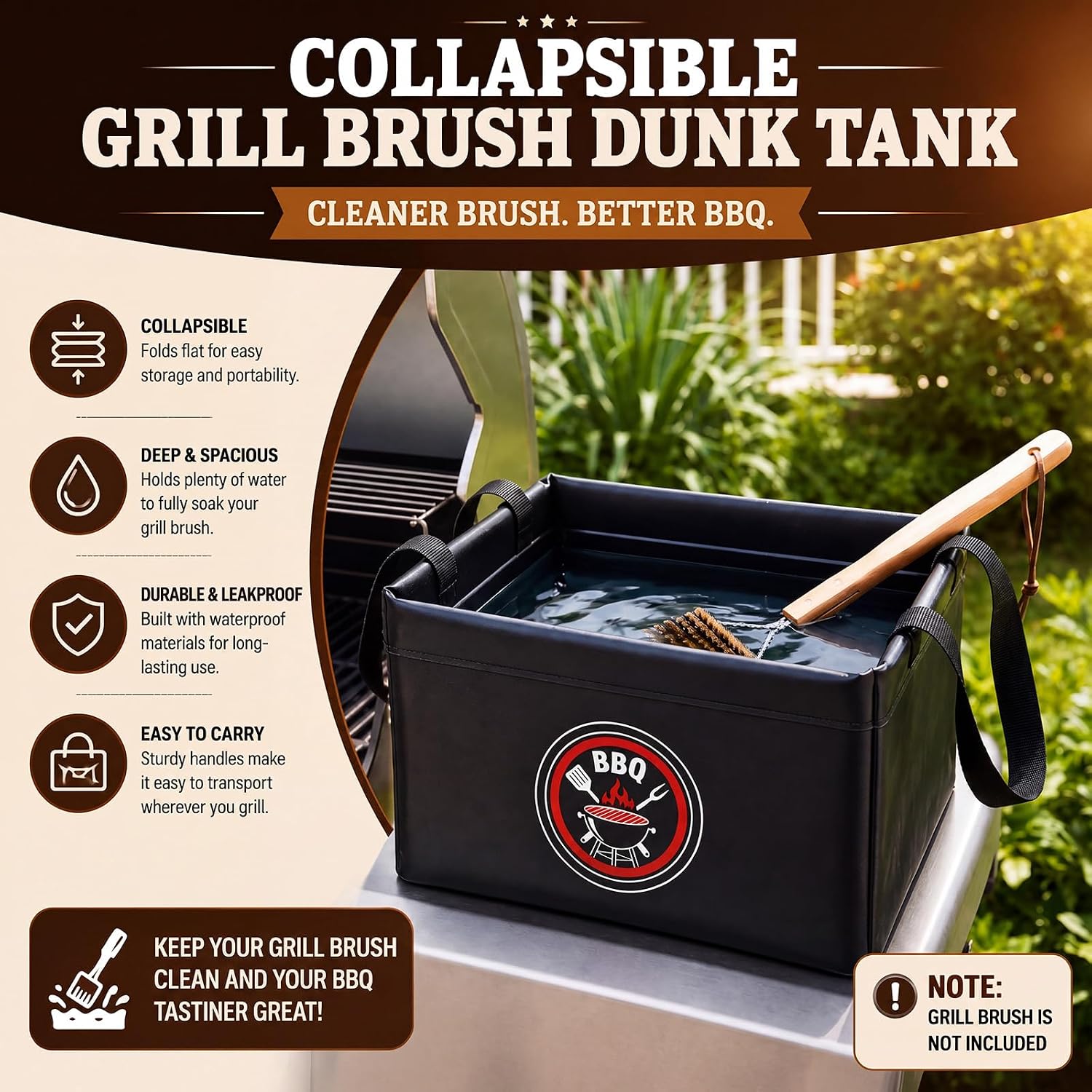 Mifoci Black 15L Grill Brush Water Bucket Dunk Tank, Large Capacity Square Foldable Collapsible Cleaning Bucket with Support Frame for BBQ Grill Tool Cleaning, Camping and Outdoor Use