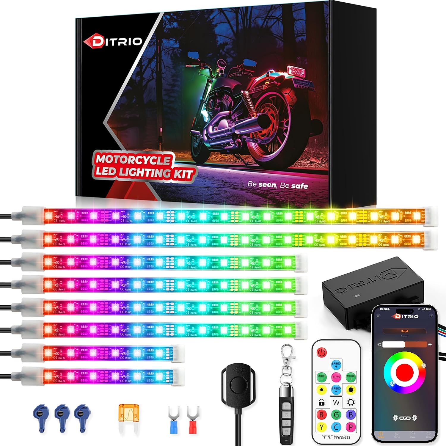 8PCS Motorcycle Led Lights with Brake Turn Signal,Underglow Light Kits with DITRIO APP/RF Remote Control, Dual Zone,Waterproof,12V Pixelglow Led RGB Lights for Motorcycles, Golf Carts, ATVs, UTVs