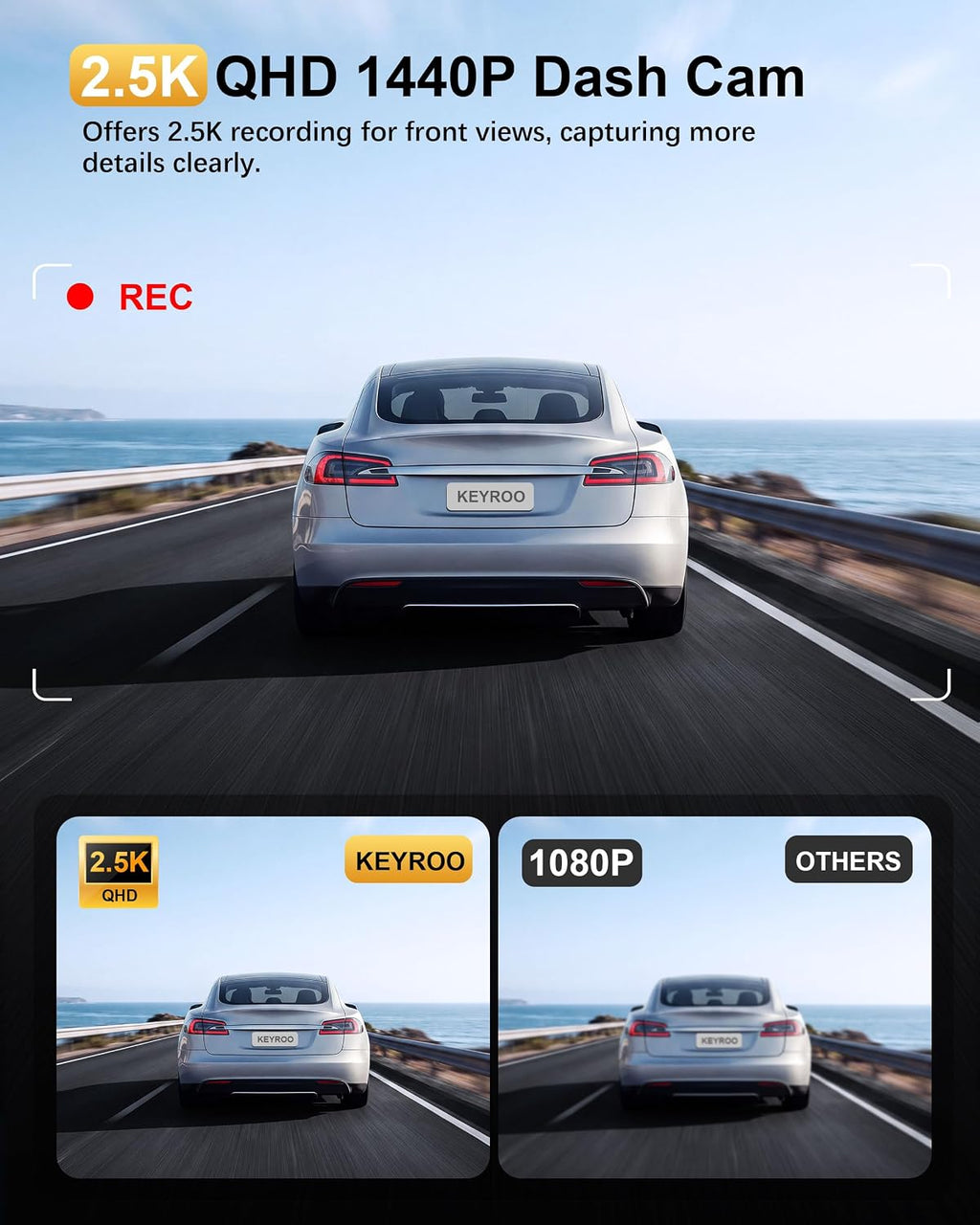 2.5k dash cam front, 64gb card included, mini shown in use