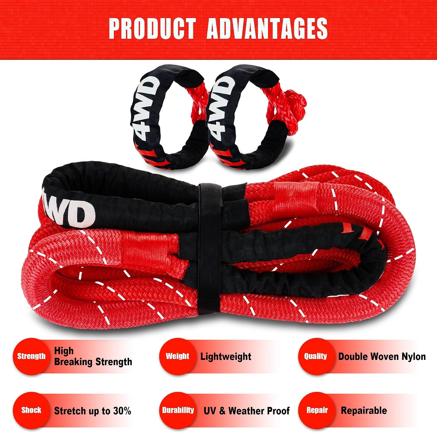 TYT Kinetic Recovery Rope,(1.26 in x 30ft Red) 56,000lbs Snatch Strap, Heavy Duty Stretch Nylon Towing Ropes with 2pcs Soft Shackles for Offroad Vehicle, Jeep, SUV, ATV, UTV, Tractor Elastic Ropes Kit