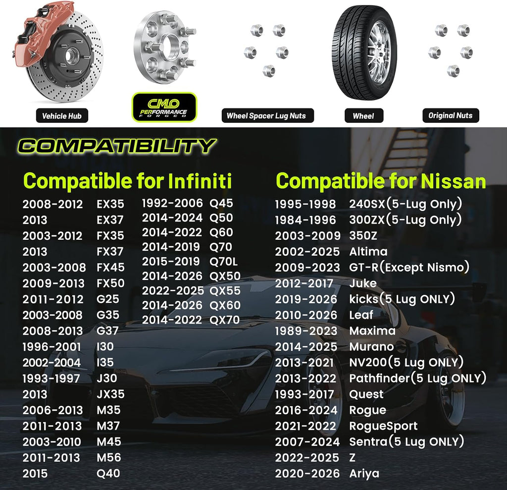 CMO 25mm (1") 5x114.3 Wheel Spacers 66.1mm Hubcentric M12x1.25 Studs 2PCS | 6061-T6 Forged, 10.9 Grade Studs, Anodized, For Nissan 370Z 350Z 240SX 300ZX GTR Murano Maxima Sentra Infiniti Q60 G37 G35
