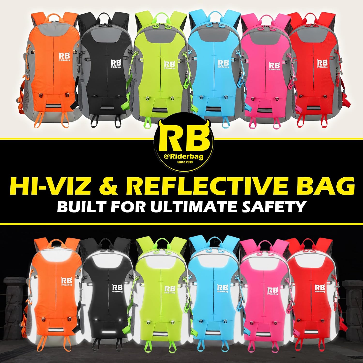 riderbag Reflective Motorcycle Backpack, Hi Viz Commuter Riding Bag | Designed by Riders for Everyday Rides with Laptop Compartment and Helmet Net. Built to Help You Be Seen.