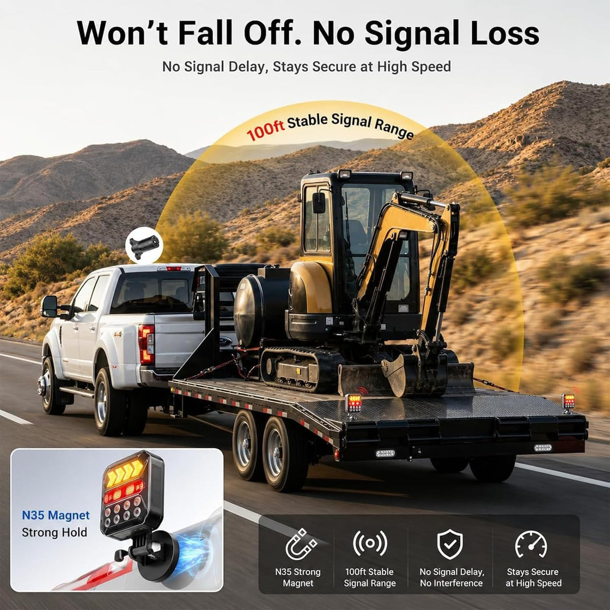 wireless trailer lights, solar rechargeable magnetic tow lights, side view