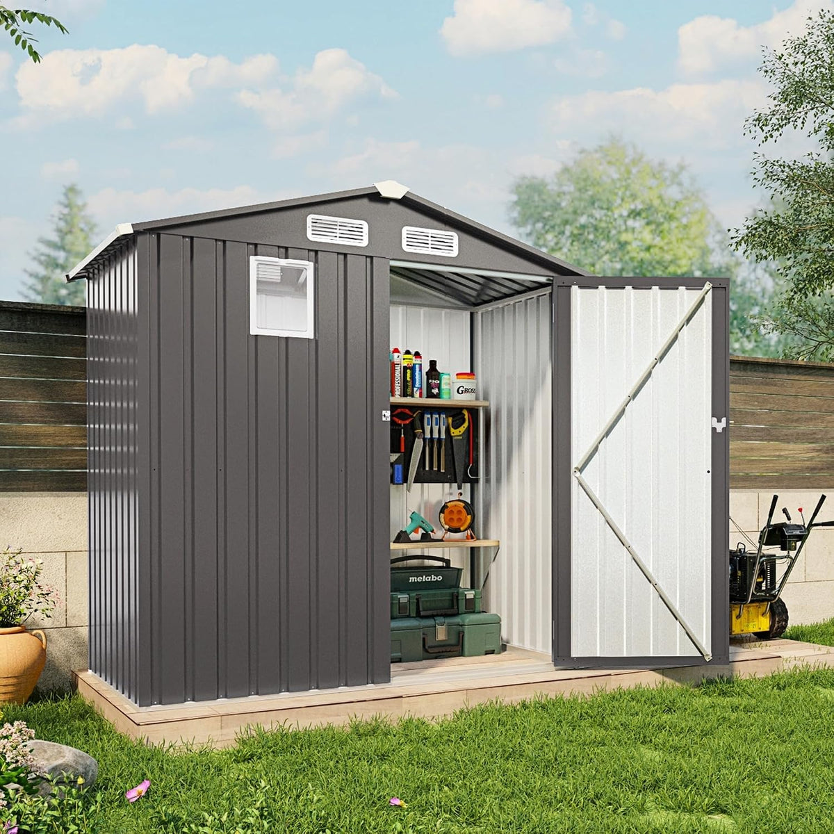 6x3.6FT Outdoor Storage Shed, Galvanized Steel Garden Shed