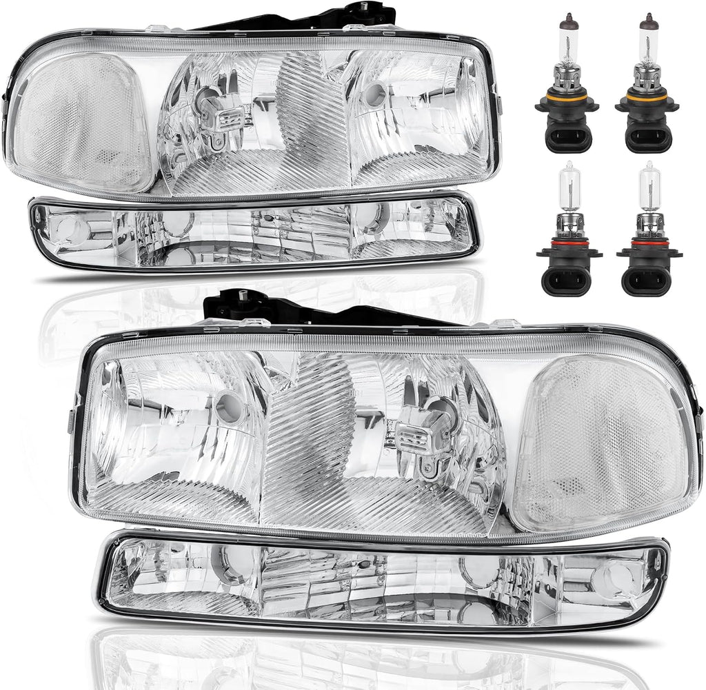 KUIPERAUTO Headlight Assembly Front Lamp Compatible with 1999-2006 GMC Sierra 1500 2500, 2000-2006 GMC Yukon Headlamp w/Bulb Chrome Housing/Clear Lens/Clear Corner