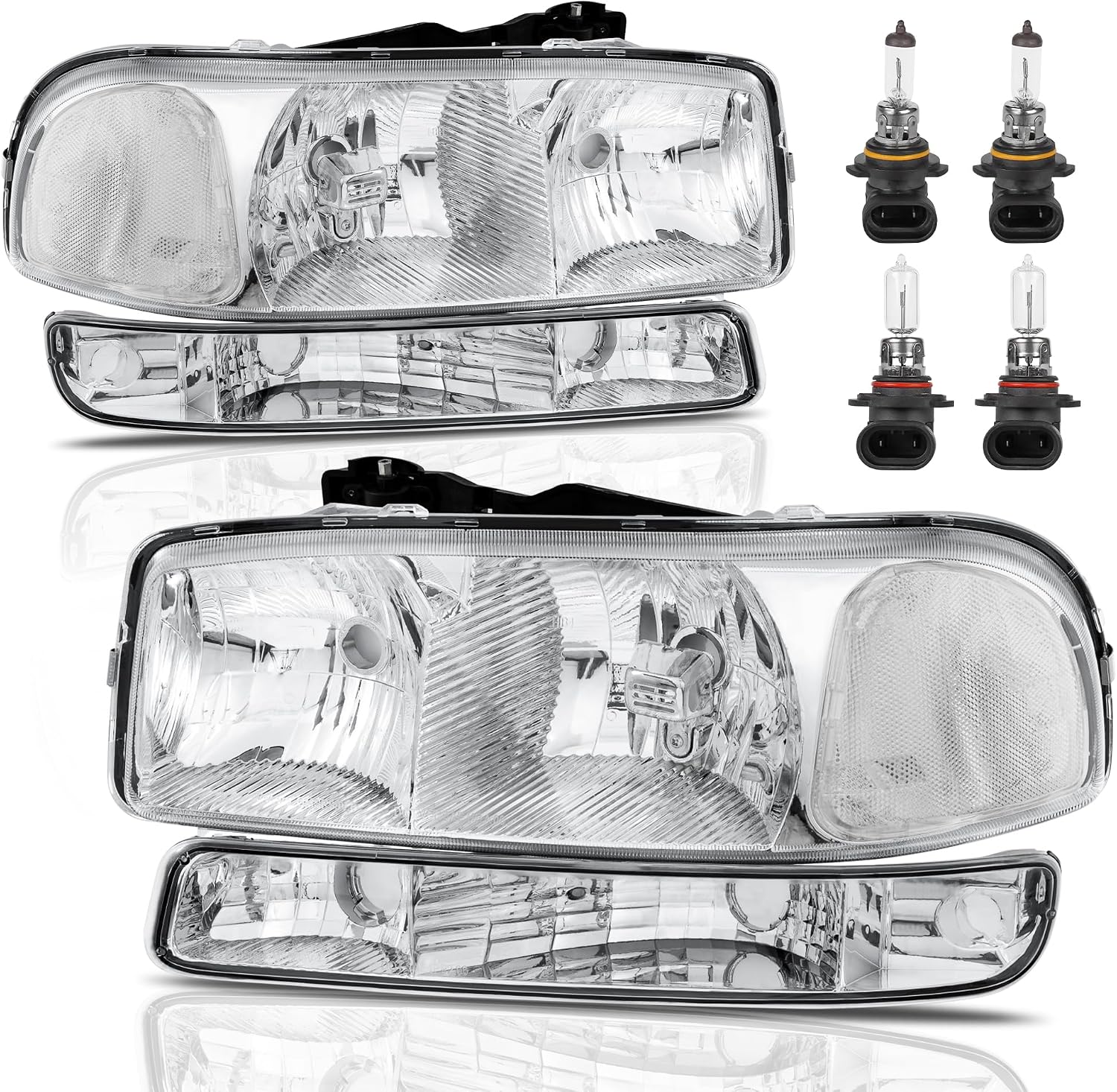 KUIPERAUTO Headlight Assembly Front Lamp Compatible with 1999-2006 GMC Sierra 1500 2500, 2000-2006 GMC Yukon Headlamp w/Bulb Chrome Housing/Clear Lens/Clear Corner