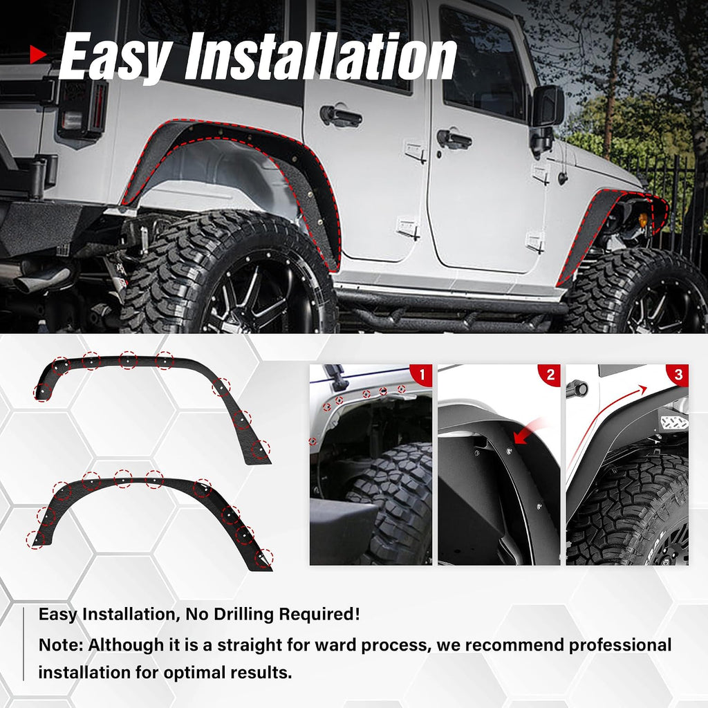 YZONA for JK 4-Piece Flat Style Front and Rear Fender Flares Kit Compatible with 2007-2018 Jeep Wrangler JK JKU Unlimited (2/4 Doors) Off-Road Heavy Duty Steel Wheel Fenders Combo, Textured Black