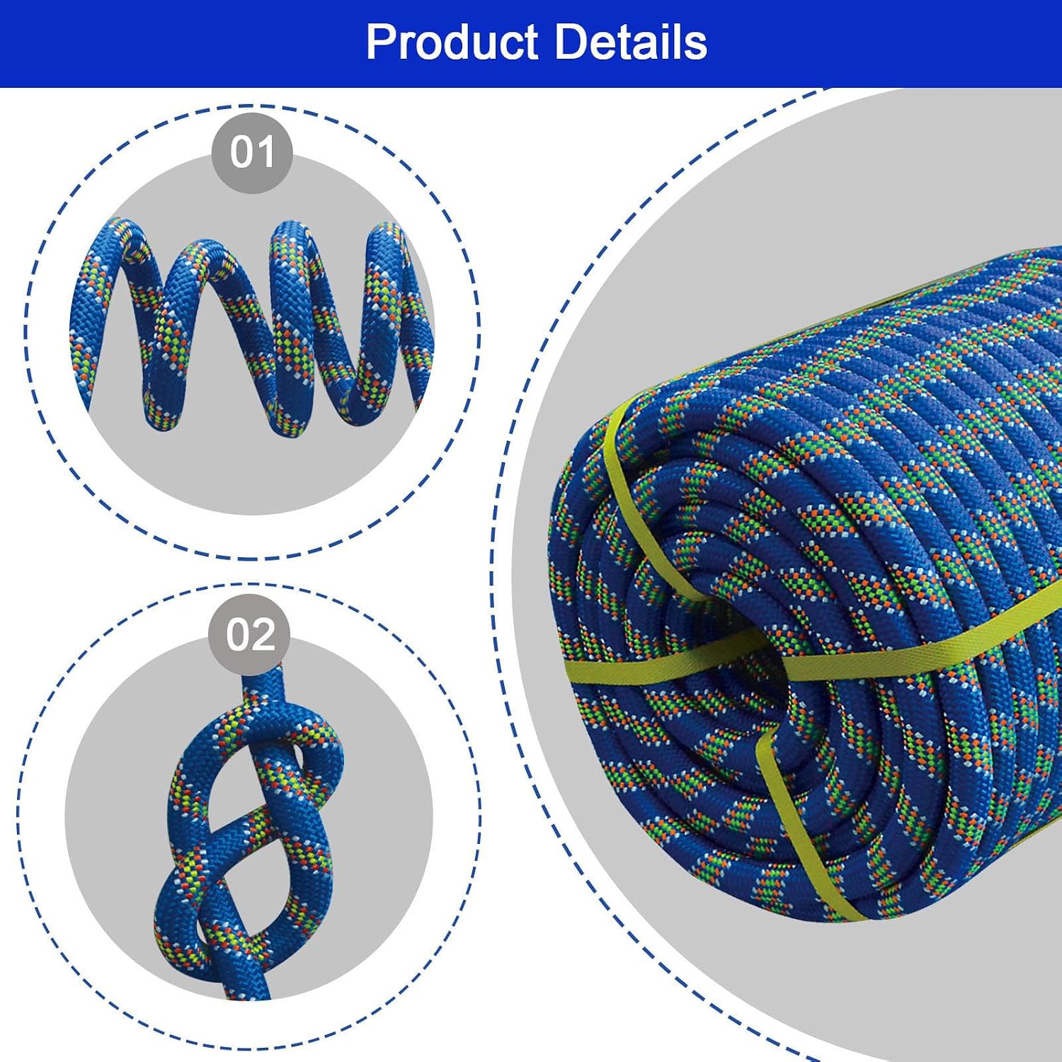 Double Braided Arborist Rigging Rope, 3/4" x 50 ft Strength Bull Rope, 48-Strand Polyester Static Rope for Tree Work, Pulling, Towing, Swing(Blue)