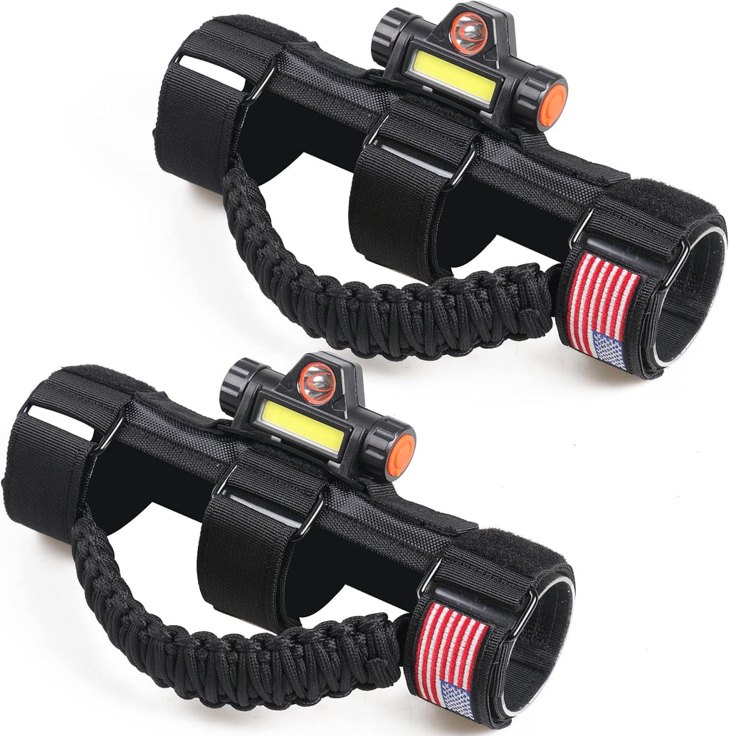 UTV ATV Grab Handles with Dome Light 1.75”-2” Roll Bar Paracord Hand Hold Straps Grab Handles Grips with Light Bar for Polaris RZR Ranger Kawasaki Can Am X3 Pioneer Talon, 2 Pack Black