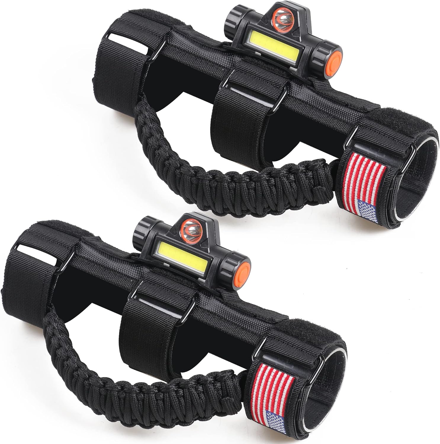 UTV ATV Grab Handles with Dome Light 1.75”-2” Roll Bar Paracord Hand Hold Straps Grab Handles Grips with Light Bar for Polaris RZR Ranger Kawasaki Can Am X3 Pioneer Talon, 2 Pack Black