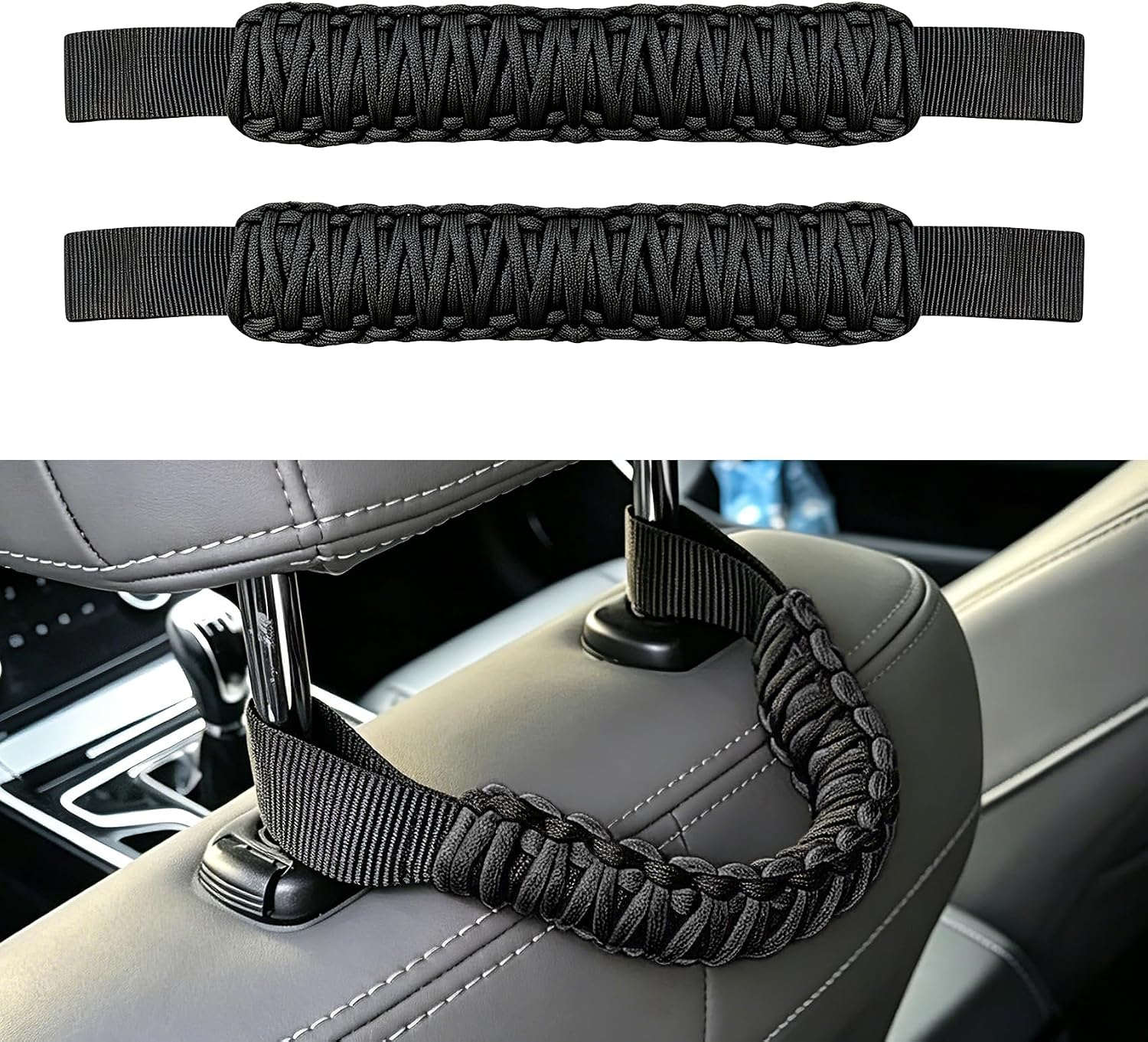2PCS Headrest Grab Handles, Roll Bar Grab Handles, Safety Headrest Support Handle Strap for Rear Seat Passenger, Heavy Duty Rear Seat Back Mount Roll Bar Grip Handle Kit for SUV Truck (Black)