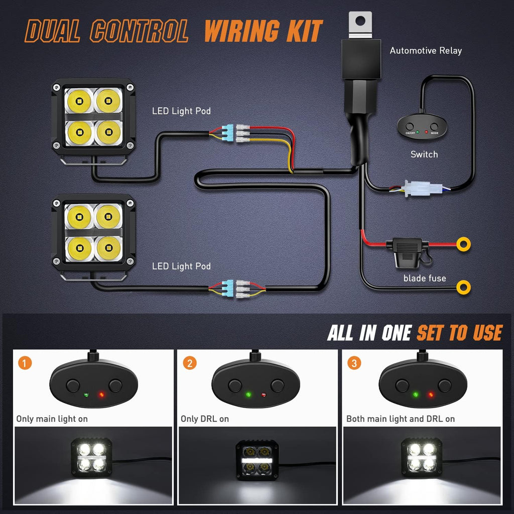 Nilight 3.2 Inch Square LED Pod Lights with DRL 20W 2510LM 10 Degree Super Spot Beam 16AWG Wiring Harness Kit for Auxiliary Offroad Driving Ditch Lamps for Truck UTV ATV SUV 4x4