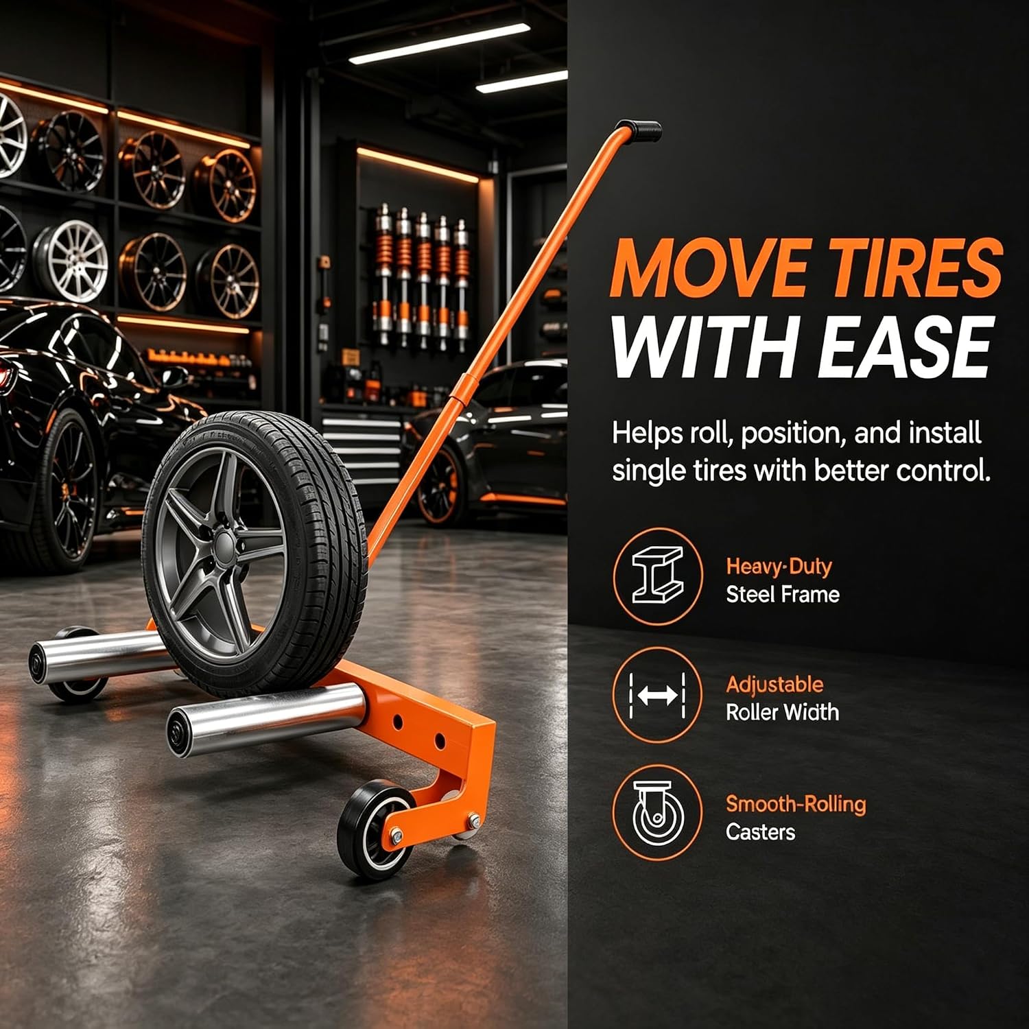 Tire Wheel Dolly, 330LBS Heavy Duty Adjustable Tire Lifter Dolly for Changing and Moving Tires, 12"-24" Width, 360° Rotatable Rollers, Ergonomic Handle, for Semi Truck SUV ATV RV Trailer Garage
