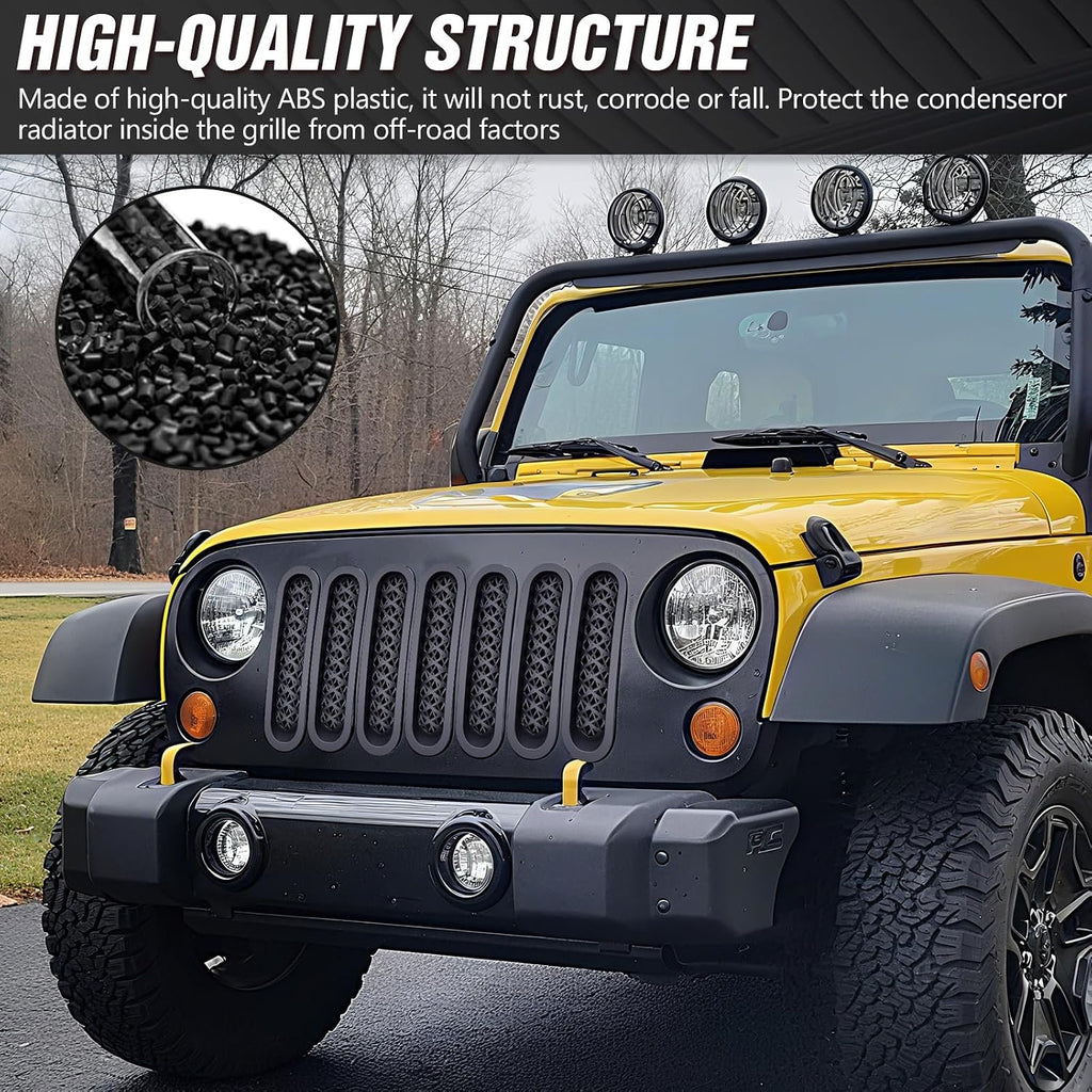 YZONA Grill Inserts Black, Front Mesh Grille Cover Compatible with 2007-2018 Jeep JK Wrangler & Unlimited Wrangler Accessories, Car Grill Mesh (7PCS Black + 1PCS White)