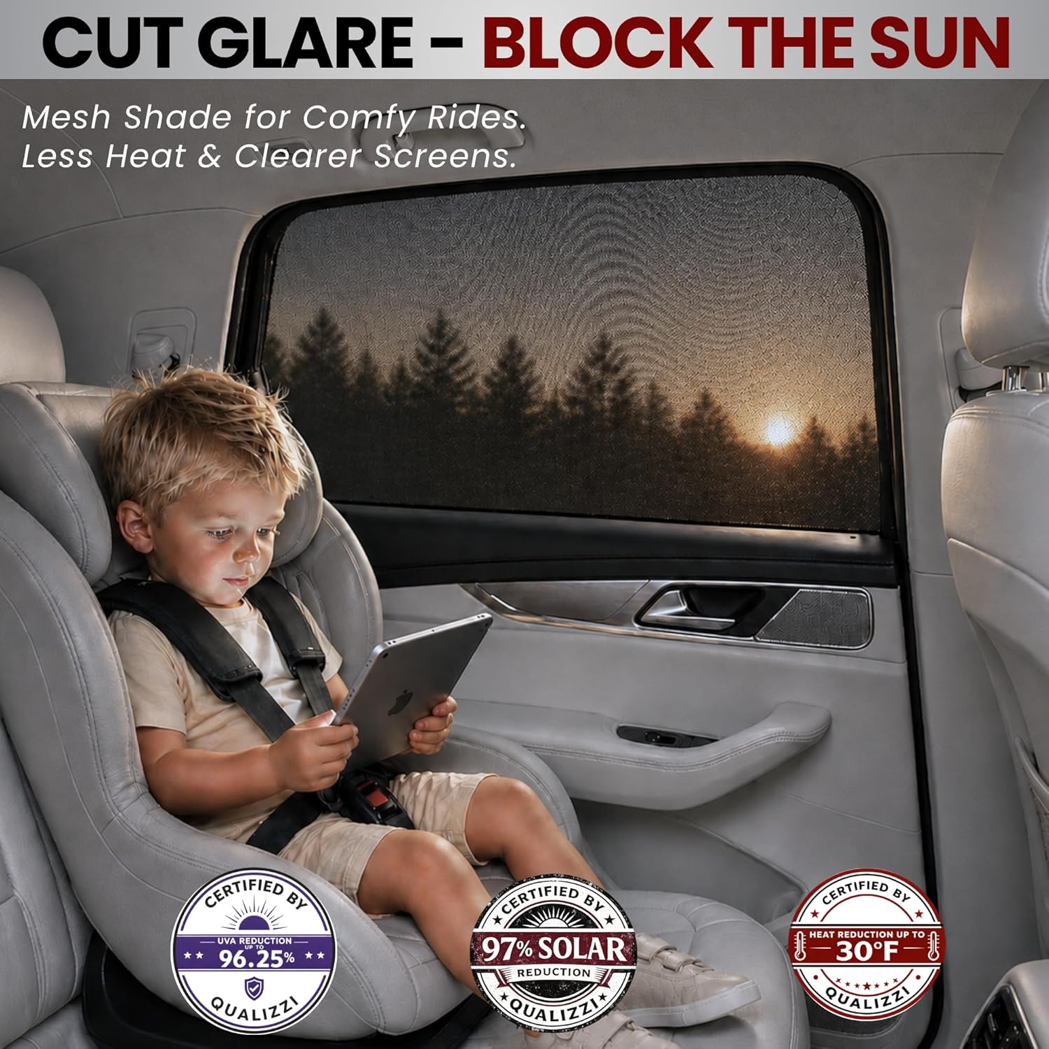 XL/Car Side Window Shades for SUV. 8 Sizes/2 Pack. Stretch-to-Fit Mesh for Rear Windows Up to H:20" x W:46". Sun, Heat & Bugs Protection, Blocks 96% UVA. Camping Windows Screens | Qualizzi®