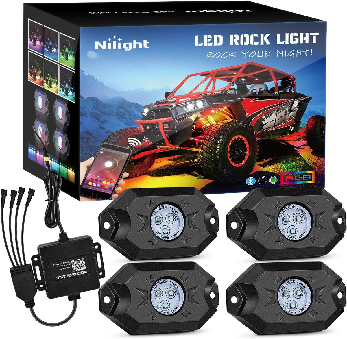 Nilight RGB LED Rock Lights Kit, 4 pods Underglow Multicolor Neon Light Pod